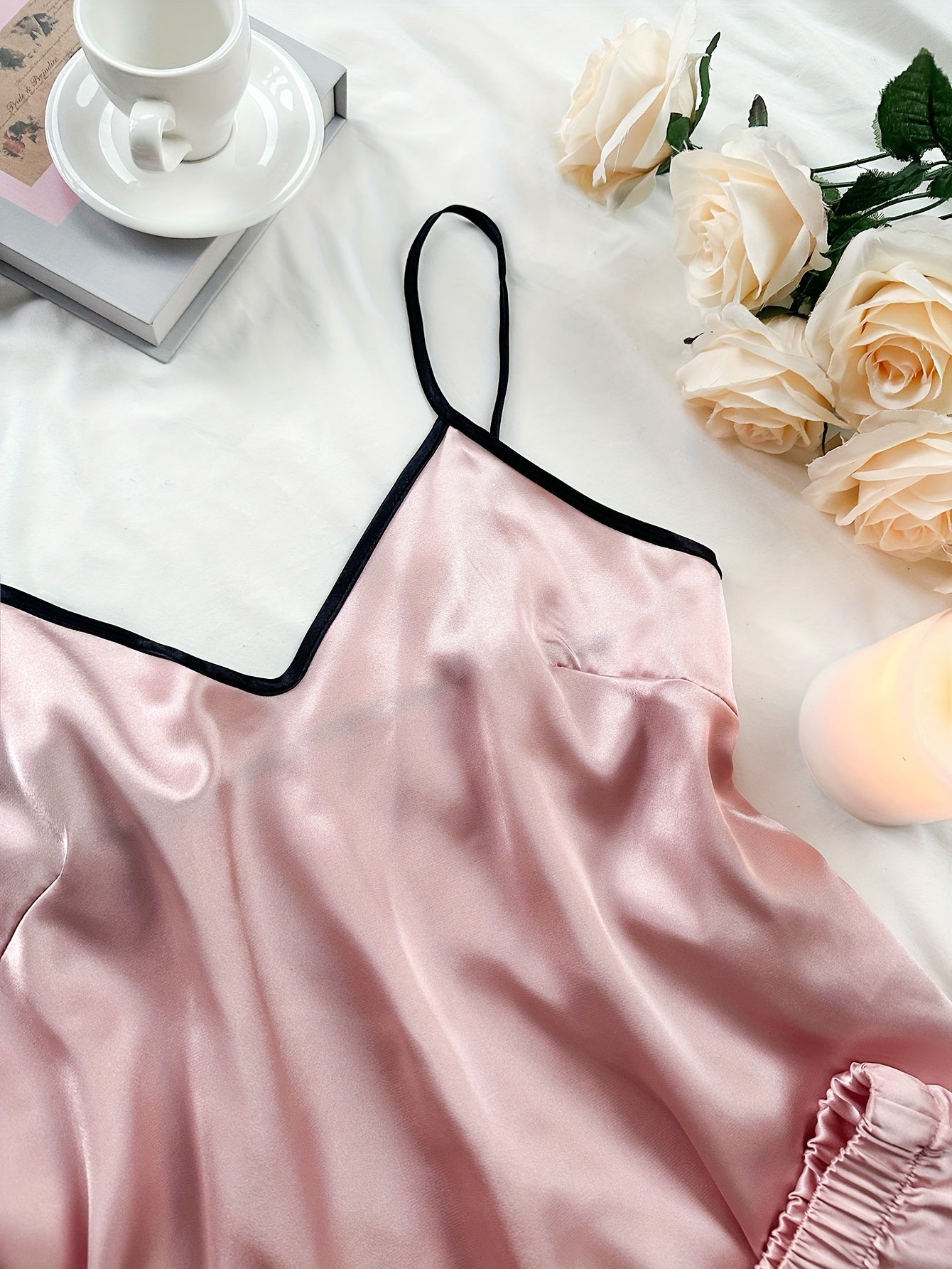 Women's Four Seasons Solid Color Cute Bow Design Suspender Shorts Pajama Set Four Pieces for Valentine's Day