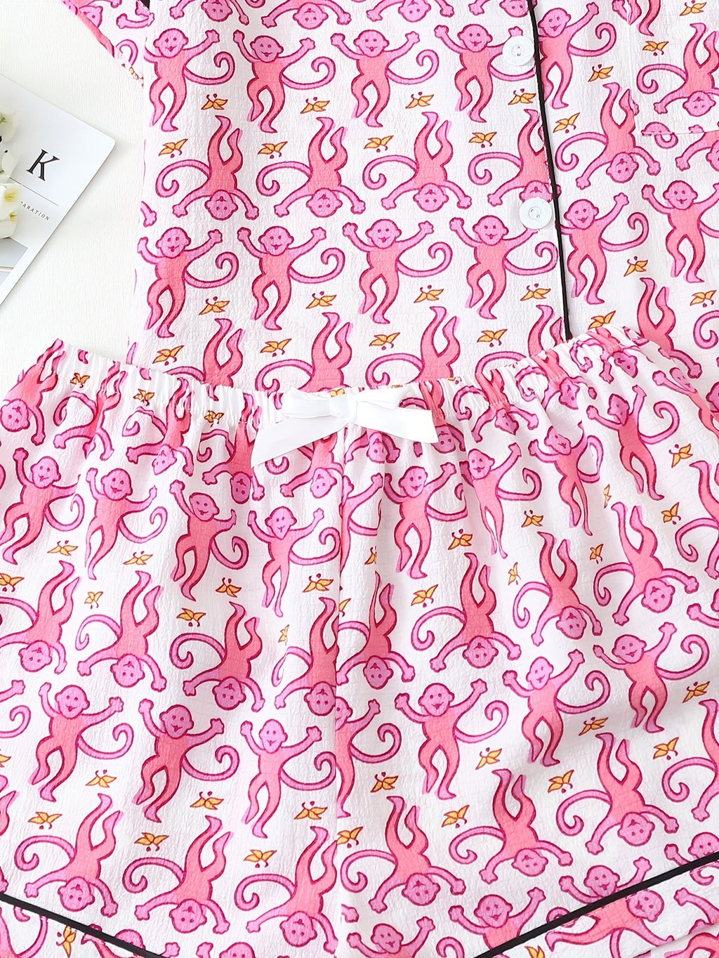 Two-piece spring/summer Women's monkey banana print button-up short-sleeve pocket top and bow shorts pajama set