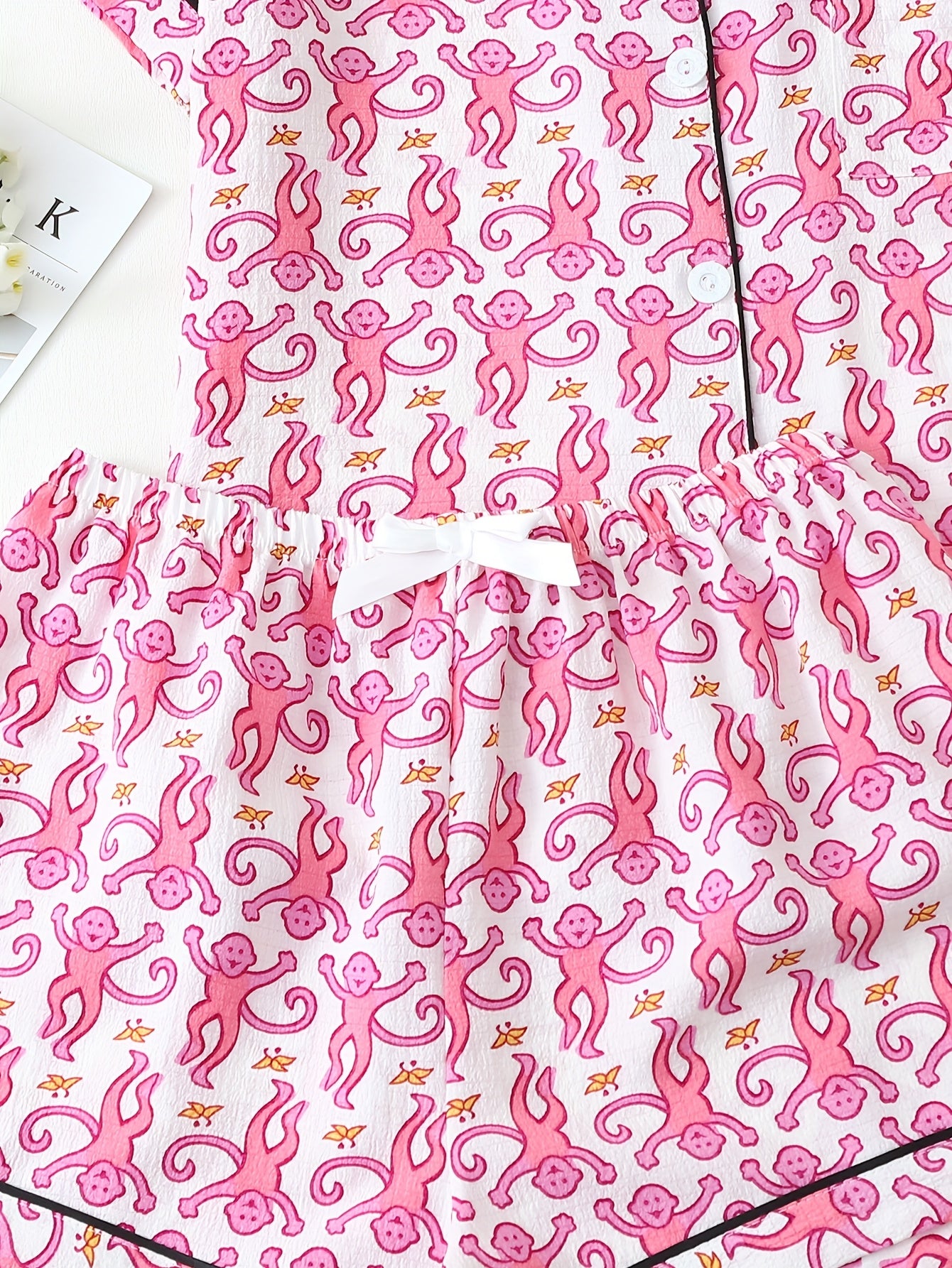 Two-piece spring/summer Women's monkey banana print button-up short-sleeve pocket top and bow shorts pajama set