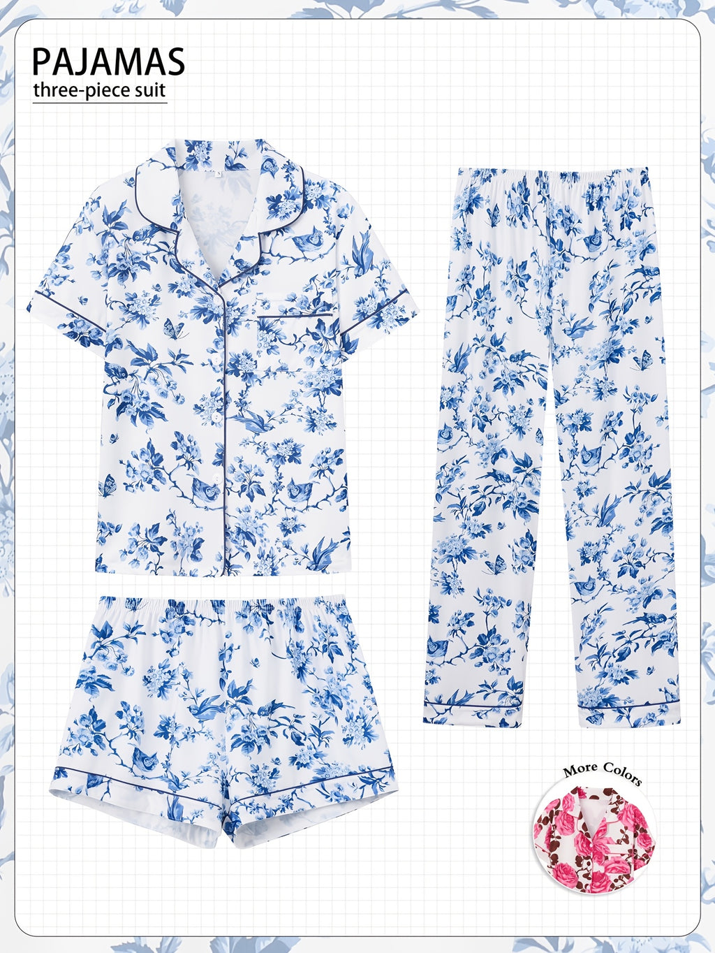 3pcs Elegant Floral Women's Pajama Set - Comfy Polyester Blend, Short Sleeve Button-Up Top with Lapel Collar, Elastic Waist Shorts & Pants, Machine Washable, All-Season Loungewear