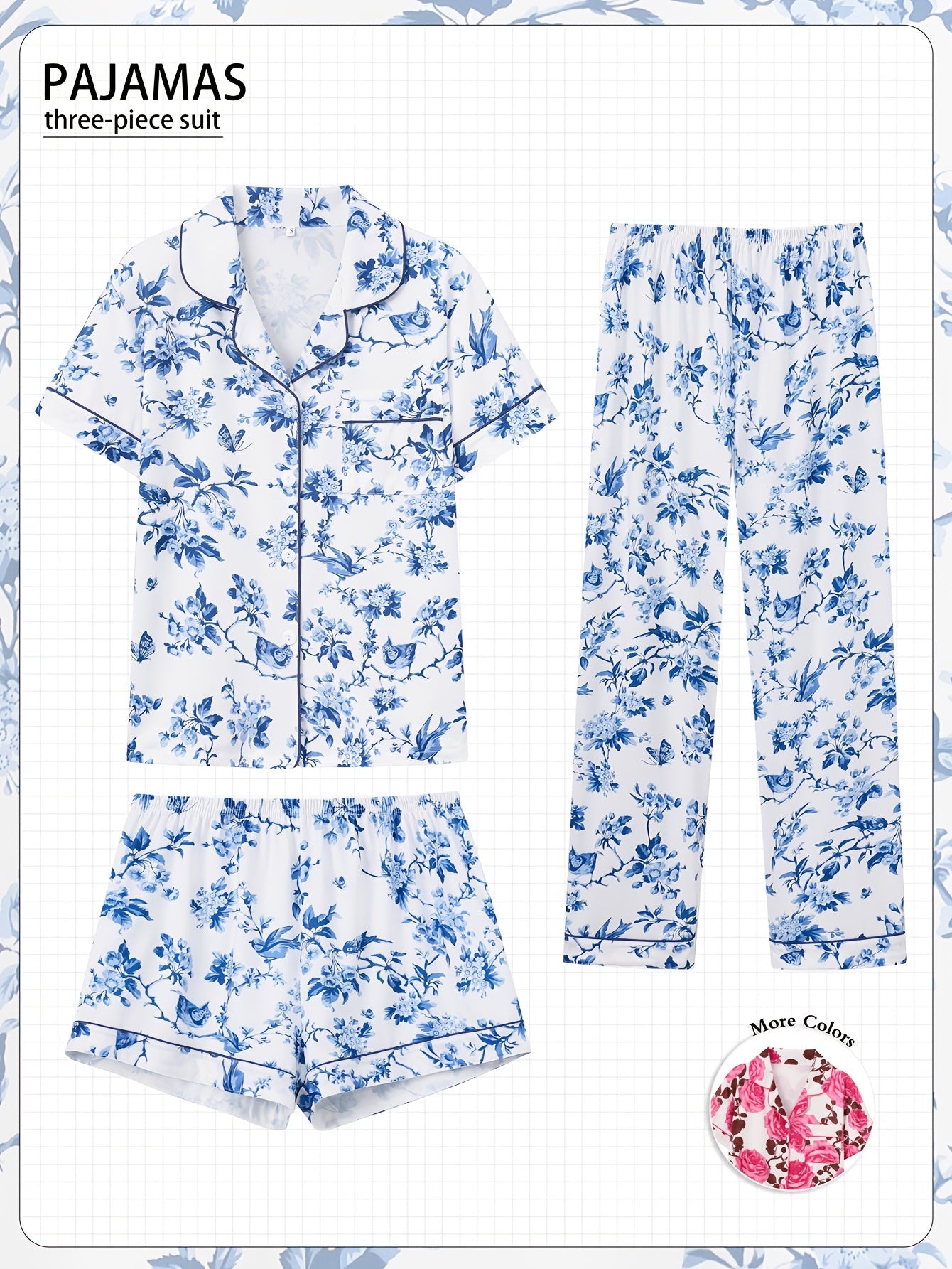 3pcs Elegant Floral Women's Pajama Set - Comfy Polyester Blend, Short Sleeve Button-Up Top with Lapel Collar, Elastic Waist Shorts & Pants, Machine Washable, All-Season Loungewear