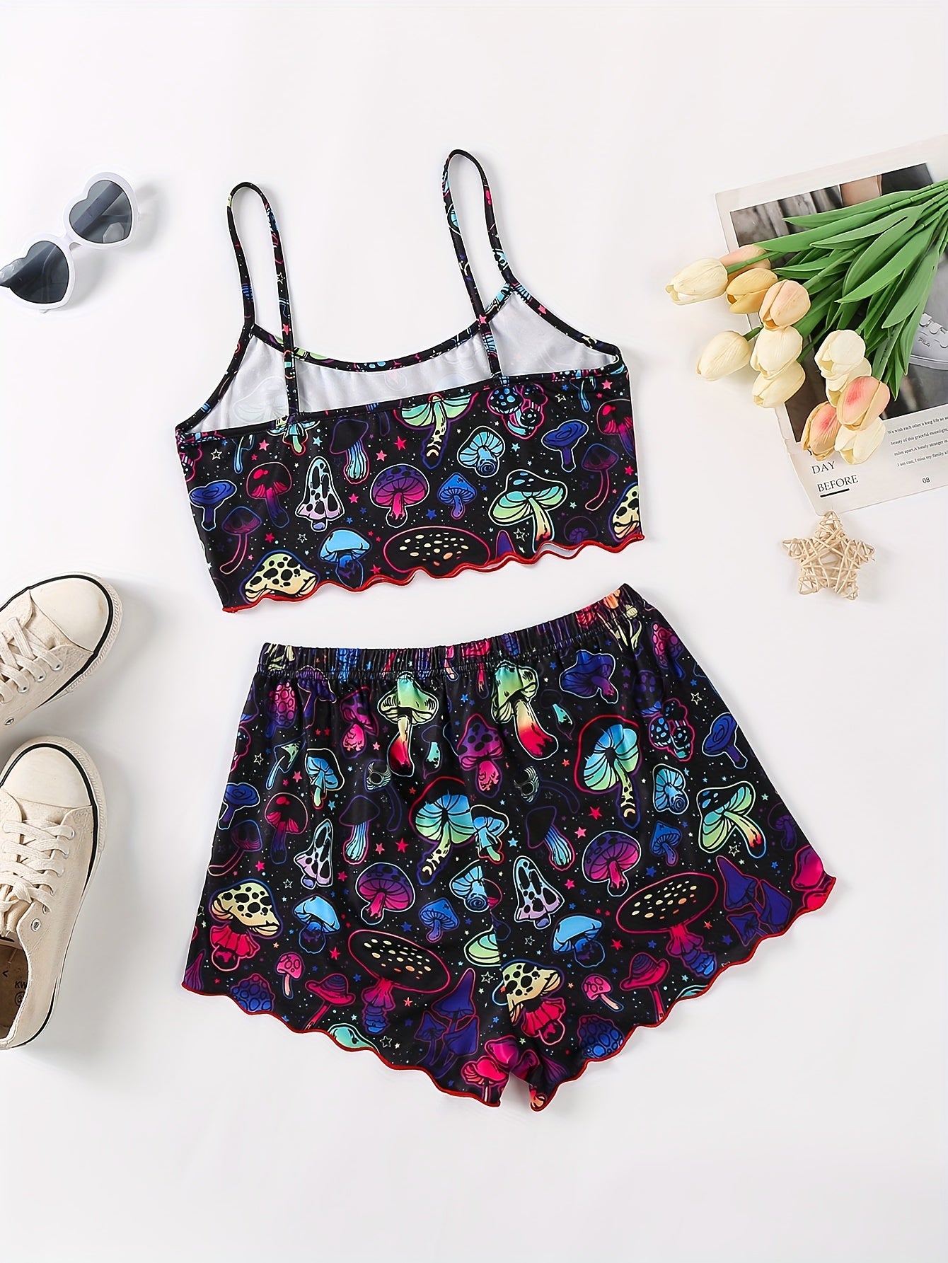Vibrant Mushroom Print Pajama Set for Women - Relaxed Fit, Round Neck, Backless Crop Cami Top, Shorts, Soft Fabric, Breathable, Comfortable, Sexy, Sleepwear for a Good Night's Rest