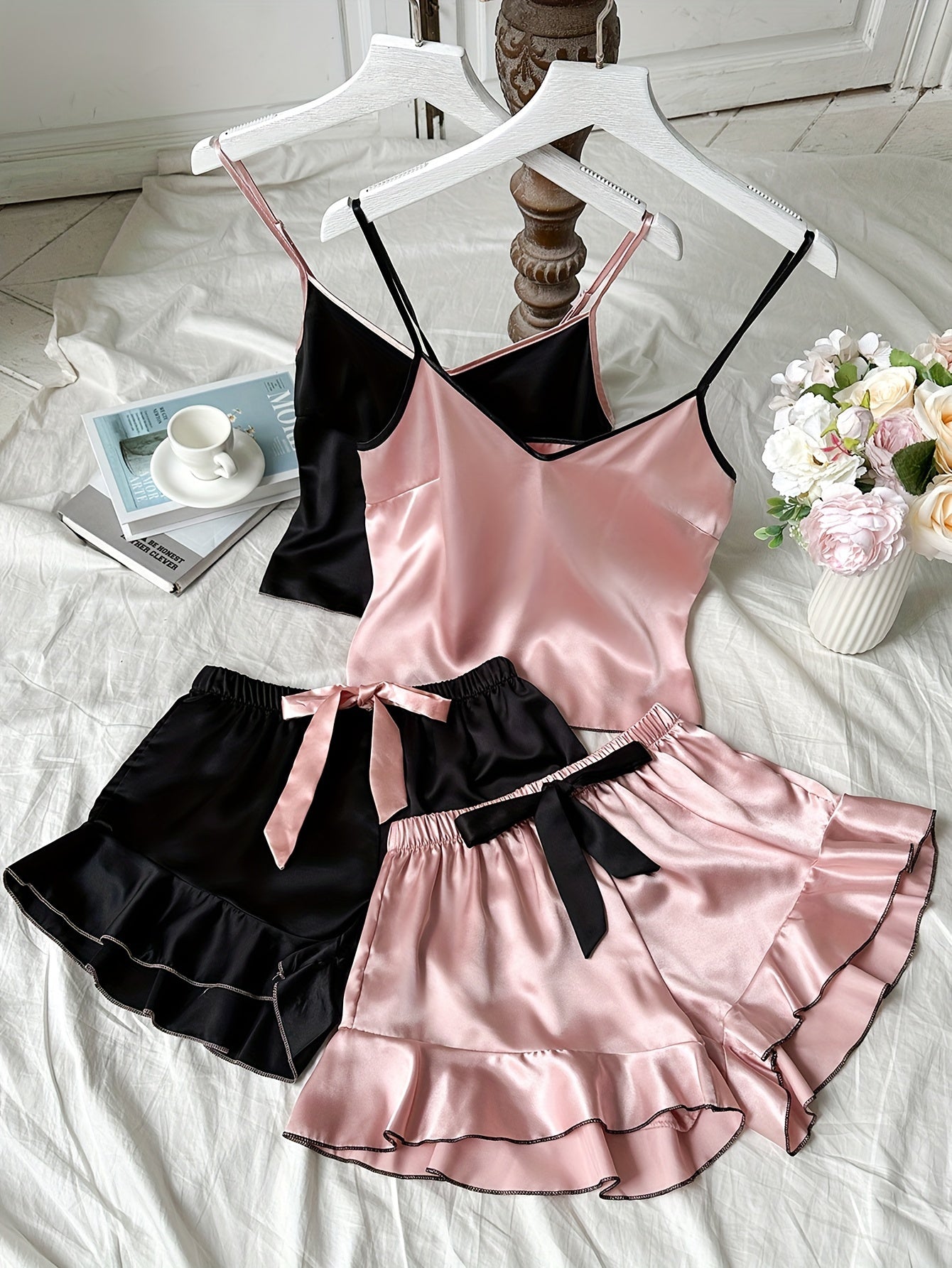 Women's Four Seasons Solid Color Cute Bow Design Suspender Shorts Pajama Set Four Pieces for Valentine's Day