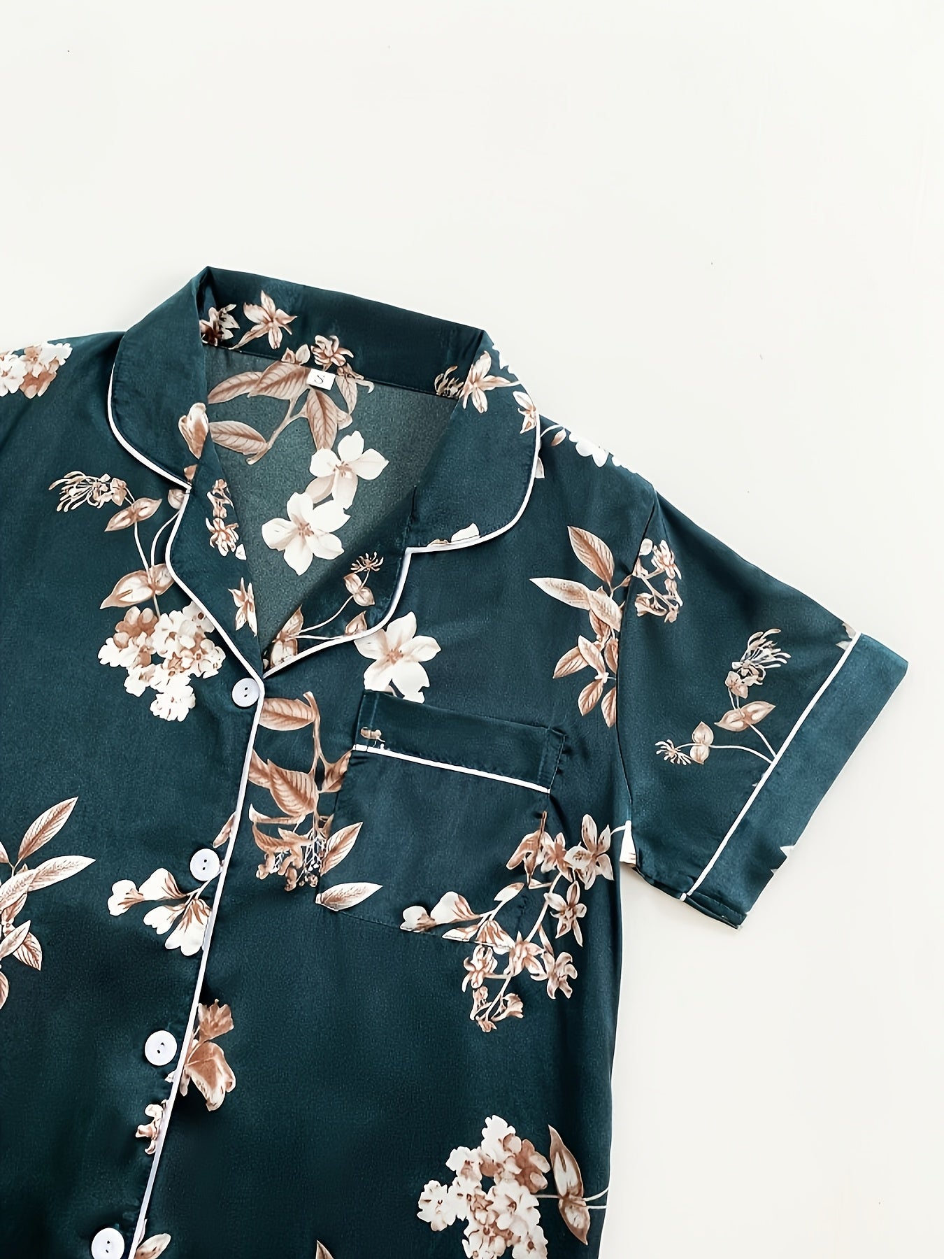 [Classical Floral Pajamas] 3pcs Set Satin Classical Floral Pajamas | Women's Short Sleeve Stand Up Collar Top, Shorts & Long Pants - Home Wear Three Piece Set