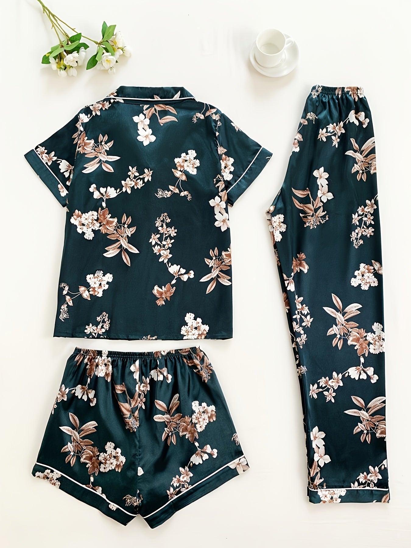 [Classical Floral Pajamas] 3pcs Set Satin Classical Floral Pajamas | Women's Short Sleeve Stand Up Collar Top, Shorts & Long Pants - Home Wear Three Piece Set