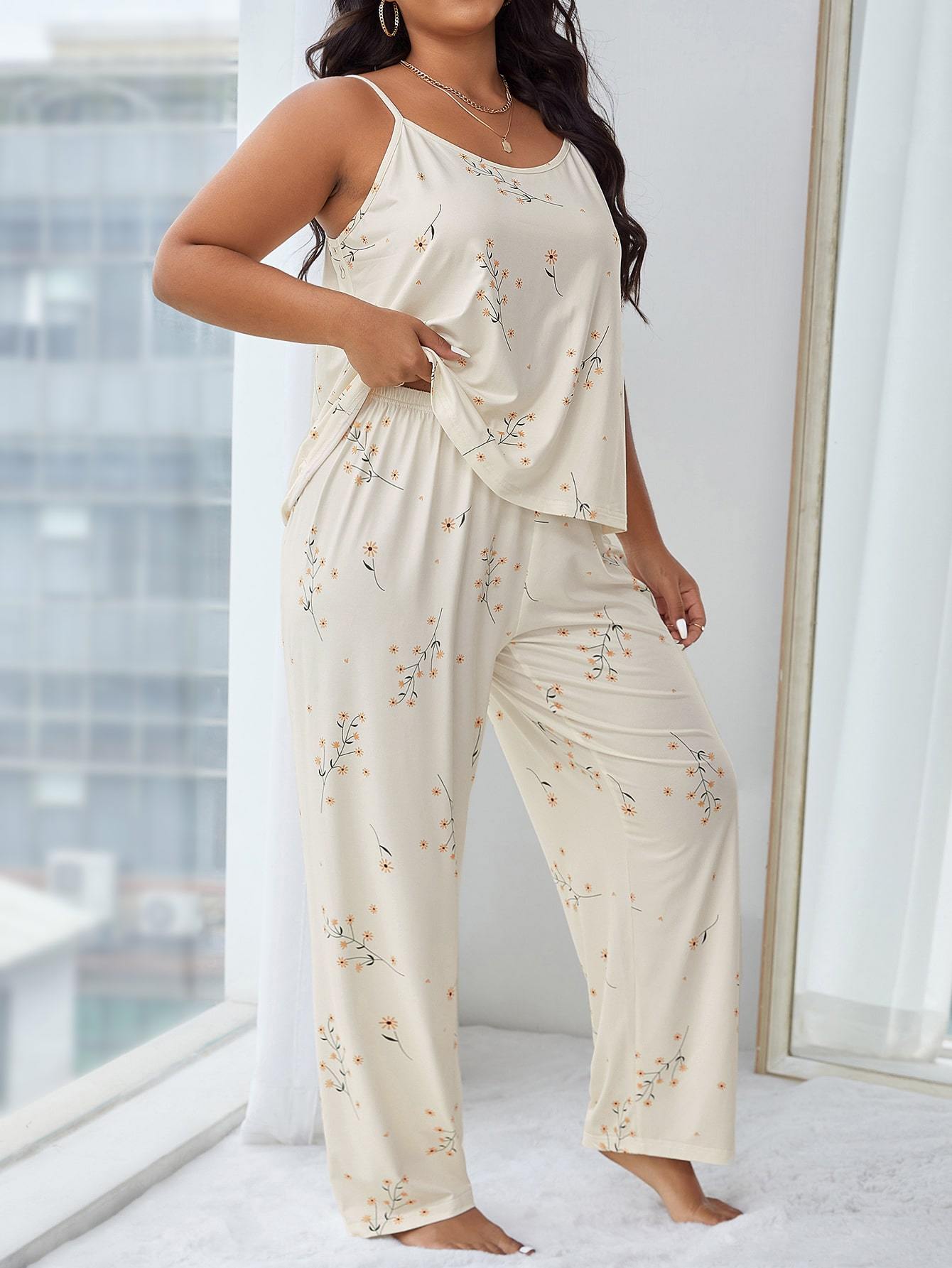 [Plus Size Pajama Set] Plus Size Women's Pajama Set | Casual Comfort Camisole & Wide-Leg Pants with Simple Print Pattern, Suitable for Summer