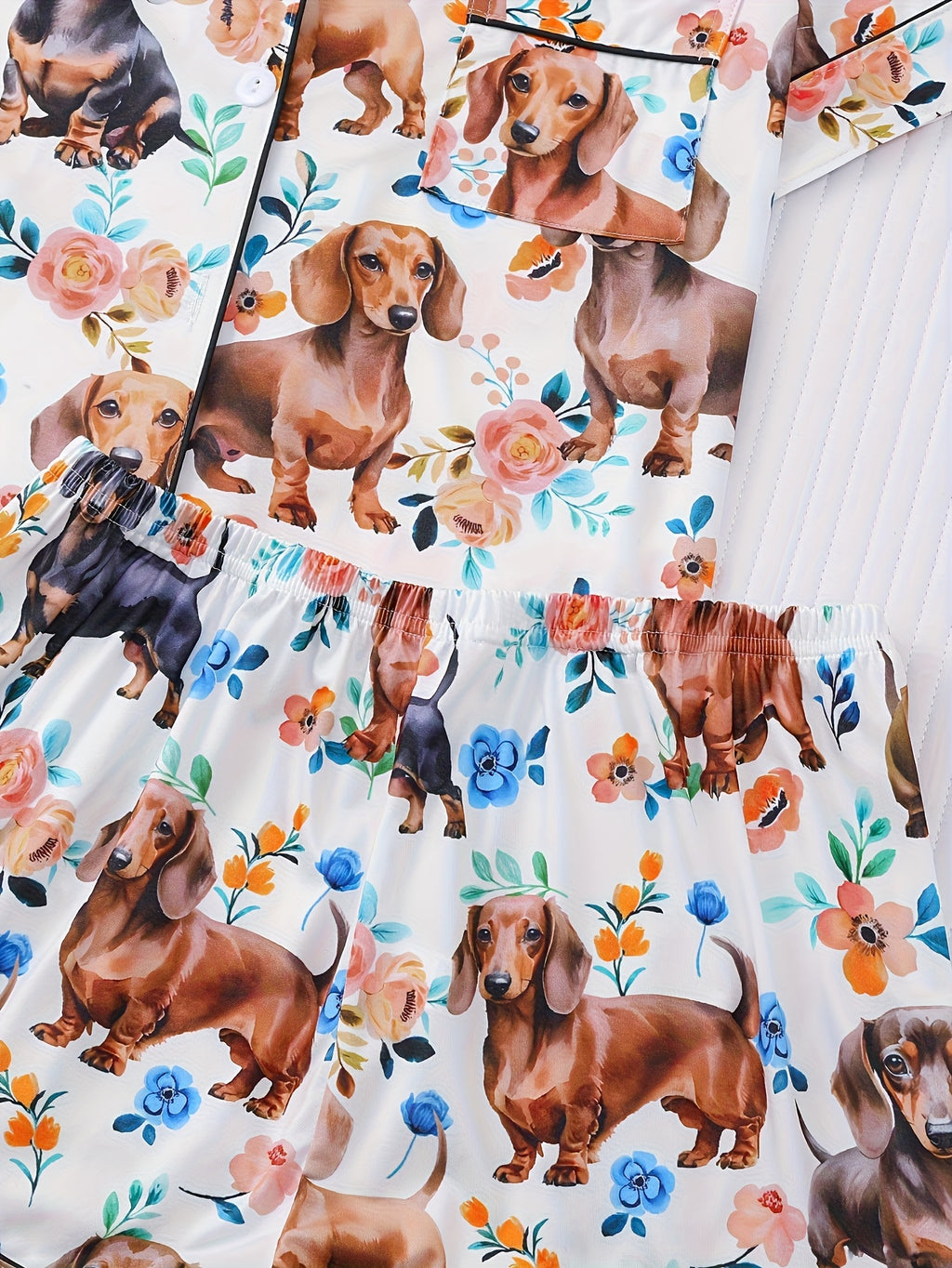 [Cute Pajamas] Comfortable Charming Dachshund Print Women's Pajama Set | Short Sleeve, Button-Up Shirt with Collar & Loose Elastic Shorts - Casual Home Wear