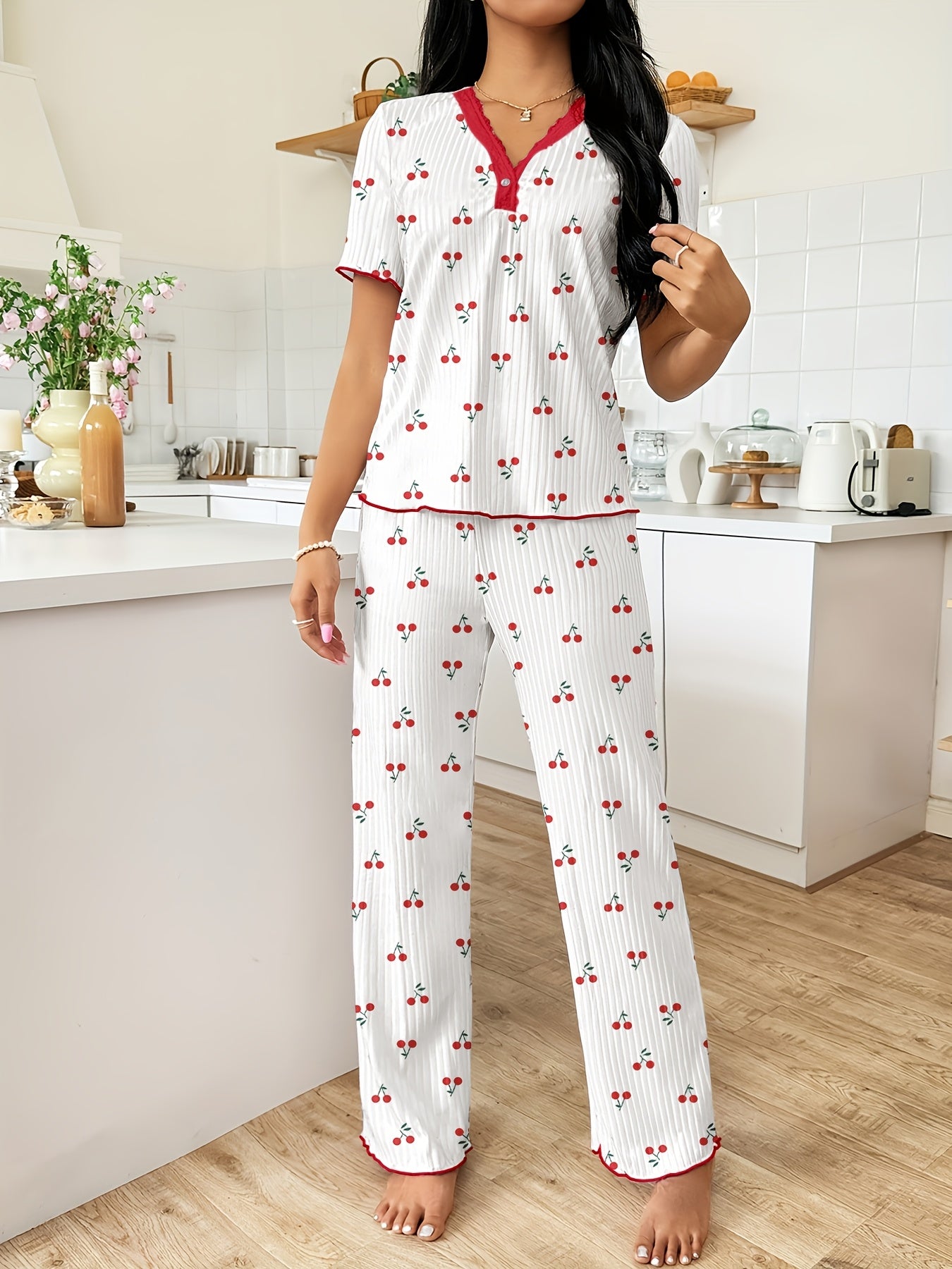 Valentine'S Day Heart Cherry Style Elegant Pajama Set - Soft V-Neck Lace-Trimmed Top, Casual Long Pants, Machine Washable, Heart-Themed Women'S Comfortable Sleepwear.