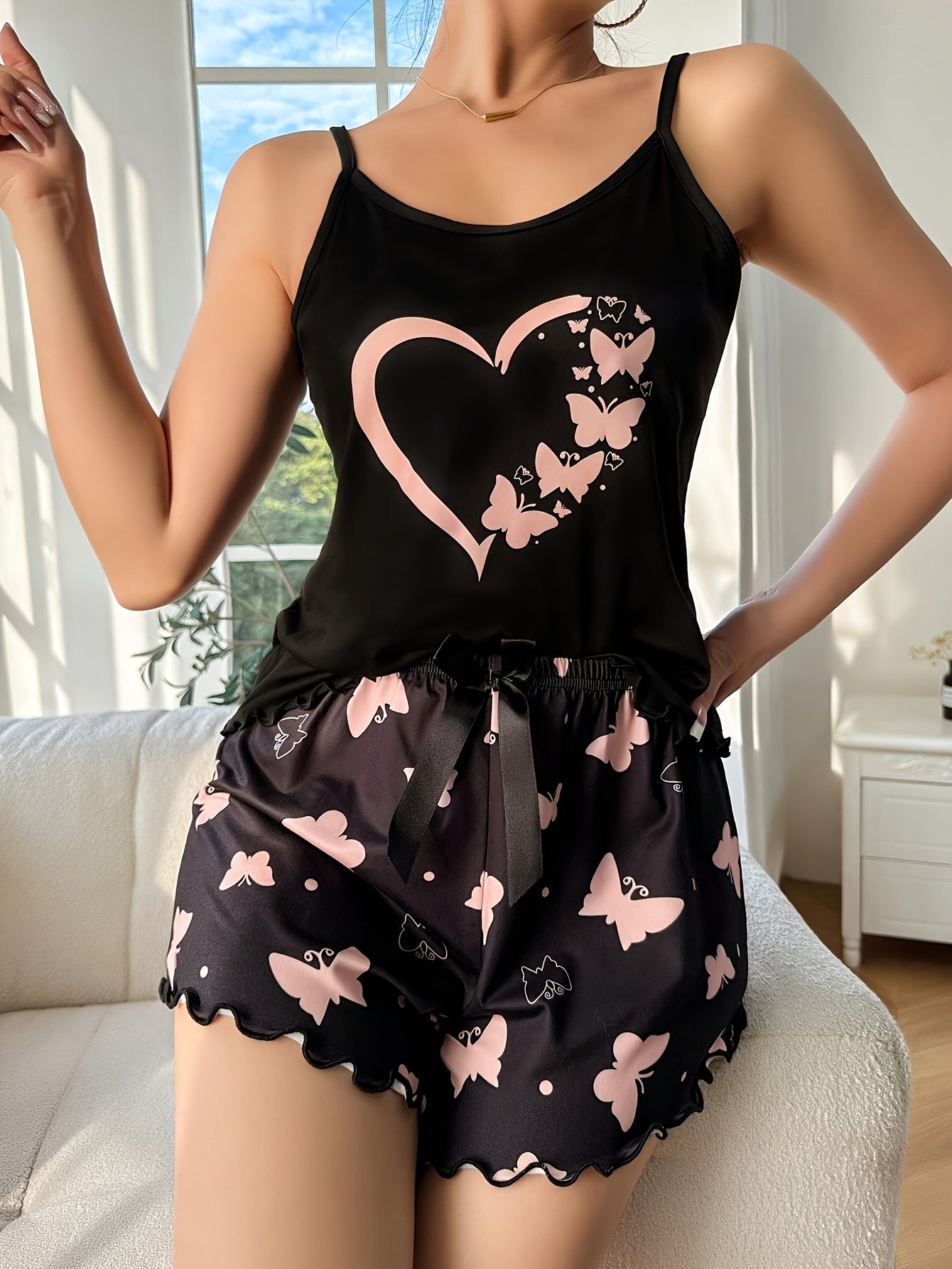 Women's Heart Patterned Pajama Set with Ruffle Hem Shorts - Casual Polyester Knit Fabric, Fine Shoulder Strap - Spring/Summer Sleepwear & Loungewear - For Women - Perfect Gift for Her