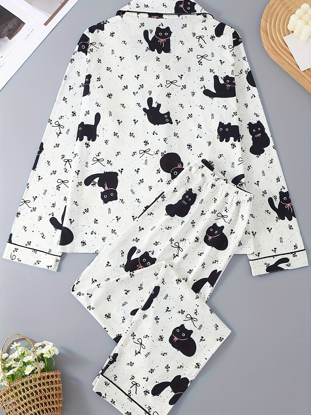 Black Cat Pattern Pajama Set, Top with Pants, Cute Cartoon, Collared with Buttons Loose Comfortable for Home Wear
