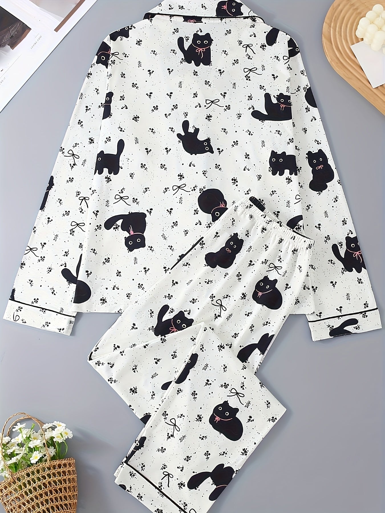 Black Cat Pattern Pajama Set, Top with Pants, Cute Cartoon, Collared with Buttons Loose Comfortable for Home Wear
