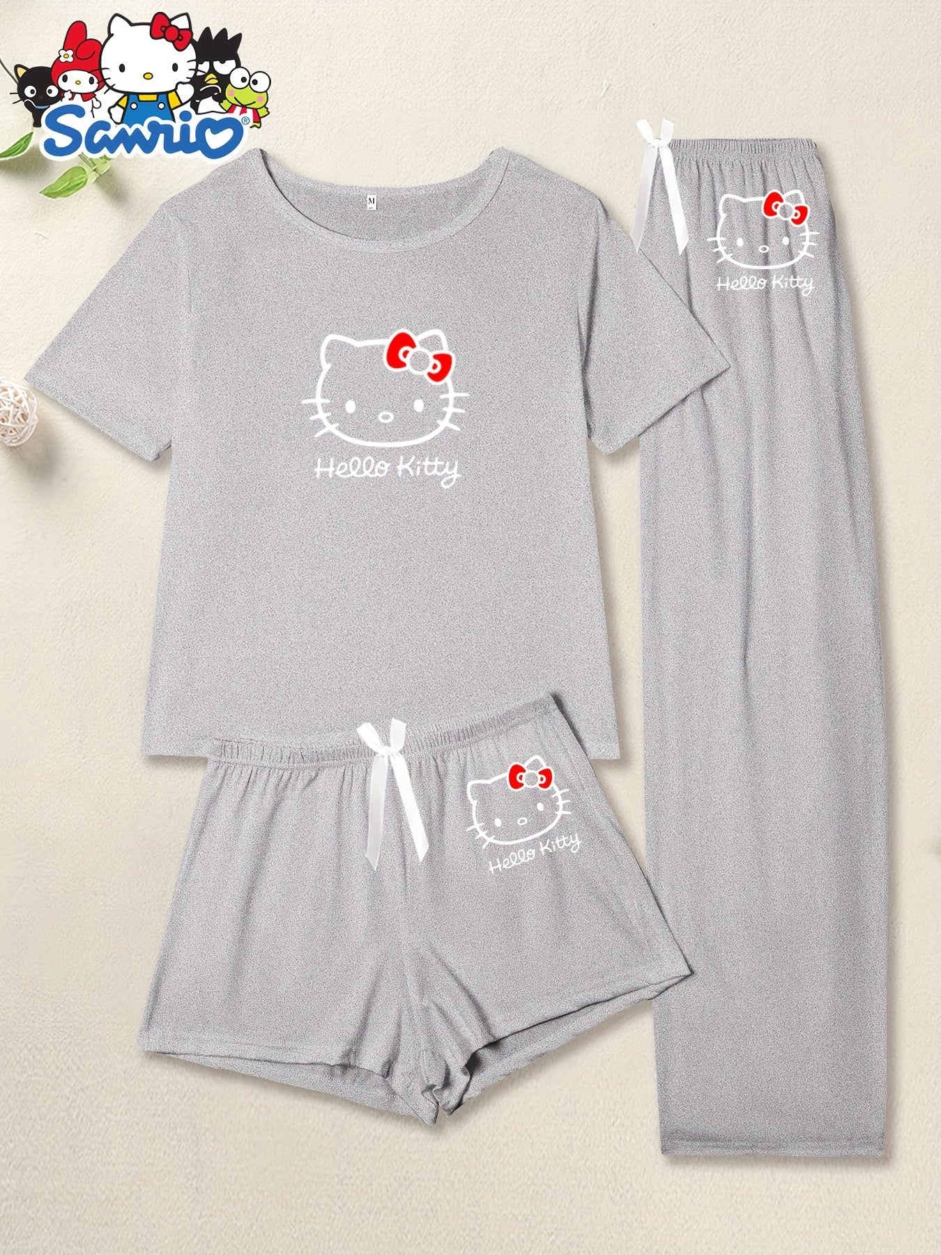 Hello Kitty 3pcs Casual Cartoon Print Pajama Set - Round Neck Knit Polyester with Elastane - Spring/Summer Sleepwear with Bow Detail