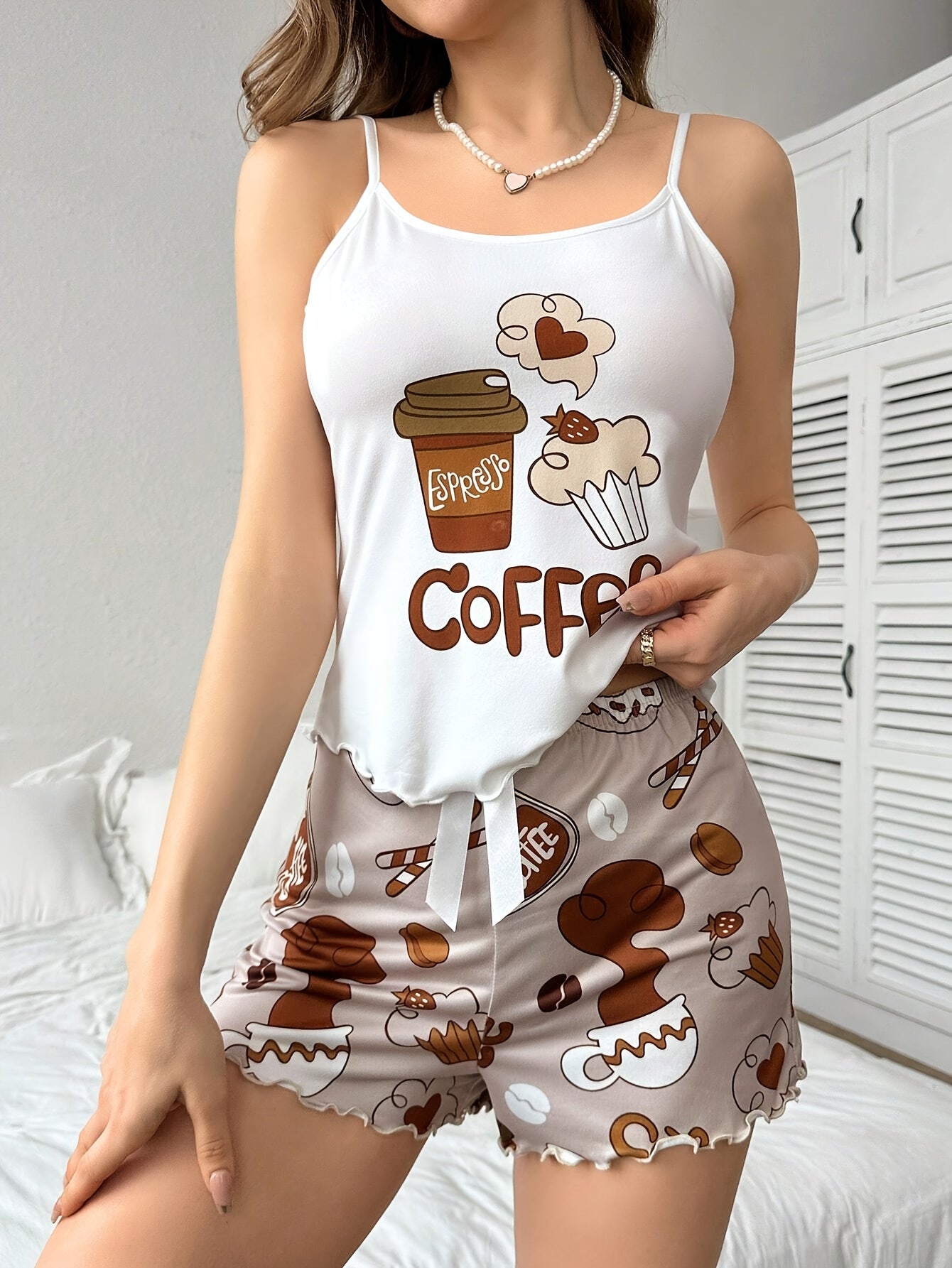 Women'S Coffee-Themed Camisole Pajama Set with Bow Belt, Cute Cartoon Print, Loose Fit and Elastic Waistband, Perfect for Sleepwear, Machine Washable & Dry Cleanable