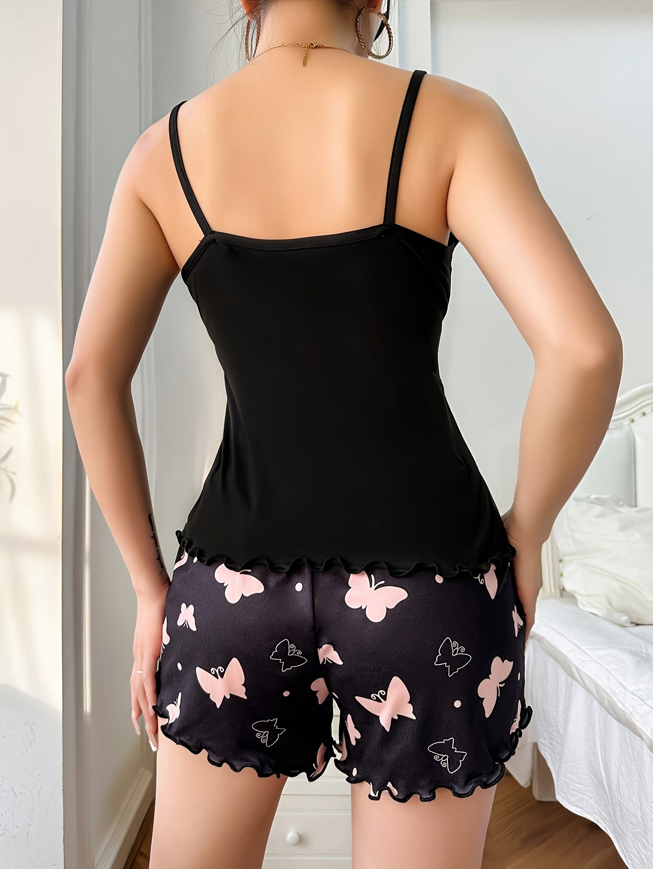 Women's Heart Patterned Pajama Set with Ruffle Hem Shorts - Casual Polyester Knit Fabric, Fine Shoulder Strap - Spring/Summer Sleepwear & Loungewear - For Women - Perfect Gift for Her
