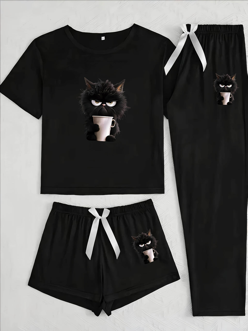 [Cat Print Pajama Set] Women's Casual Black Cat Print Pajama Set with Bow Detail | Short Sleeve, Trousers, and Long Pants, Polyester Blend, All-Season Comfort, Cat Lover Gifts