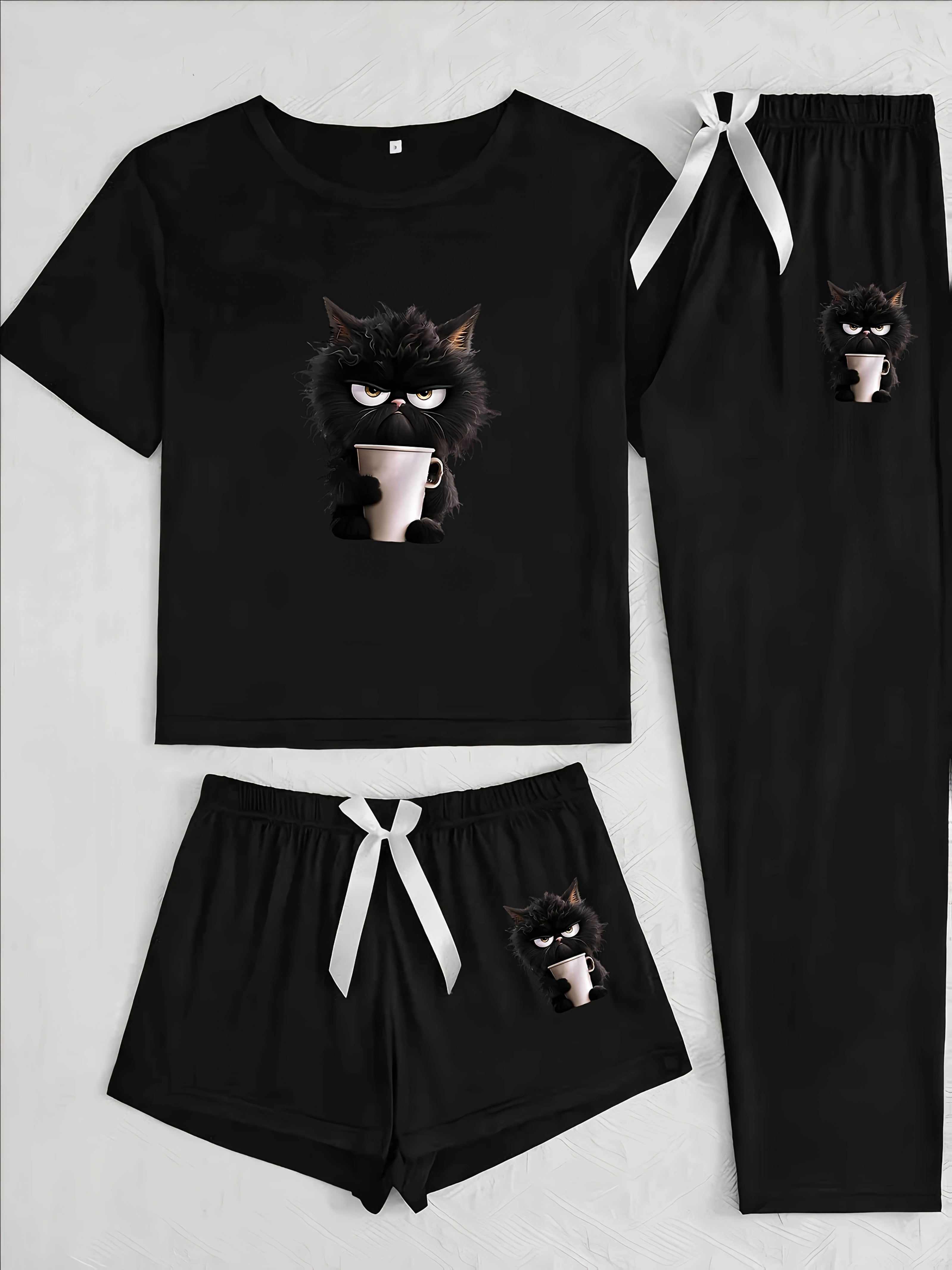 [Cat Print Pajama Set] Women's Casual Black Cat Print Pajama Set with Bow Detail | Short Sleeve, Trousers, and Long Pants, Polyester Blend, All-Season Comfort, Cat Lover Gifts