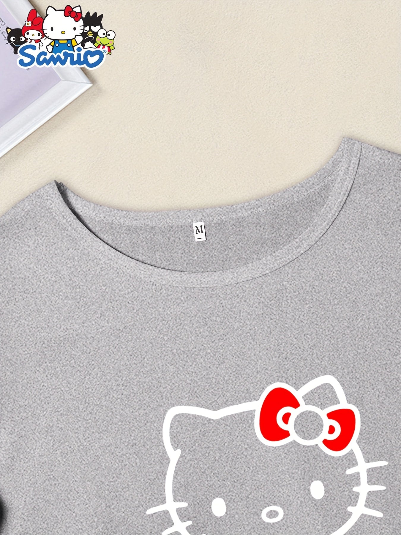 Hello Kitty 3pcs Casual Cartoon Print Pajama Set - Round Neck Knit Polyester with Elastane - Spring/Summer Sleepwear with Bow Detail