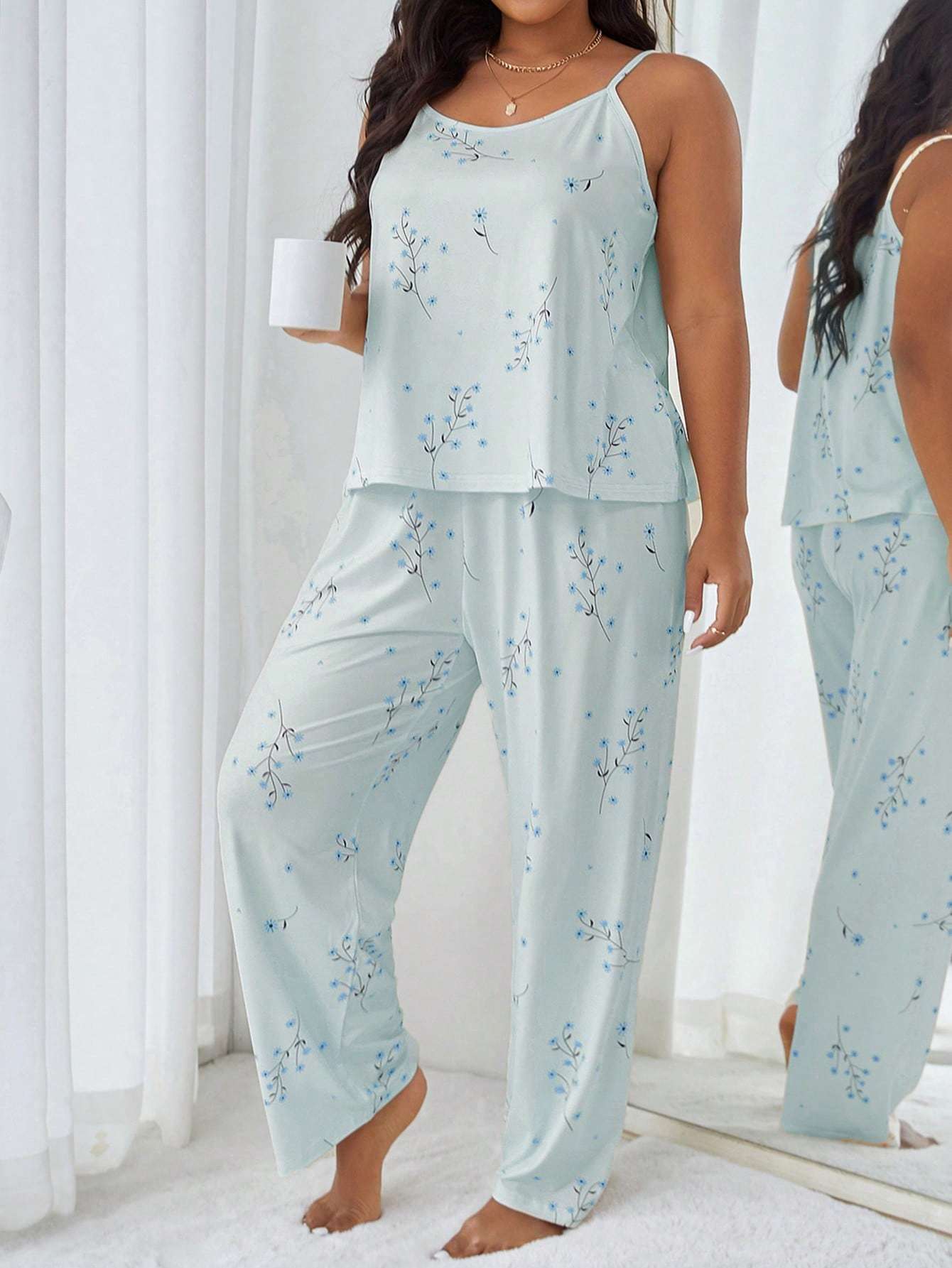[Plus Size Pajama Set] Plus Size Women's Pajama Set | Casual Comfort Camisole & Wide-Leg Pants with Simple Print Pattern, Suitable for Summer