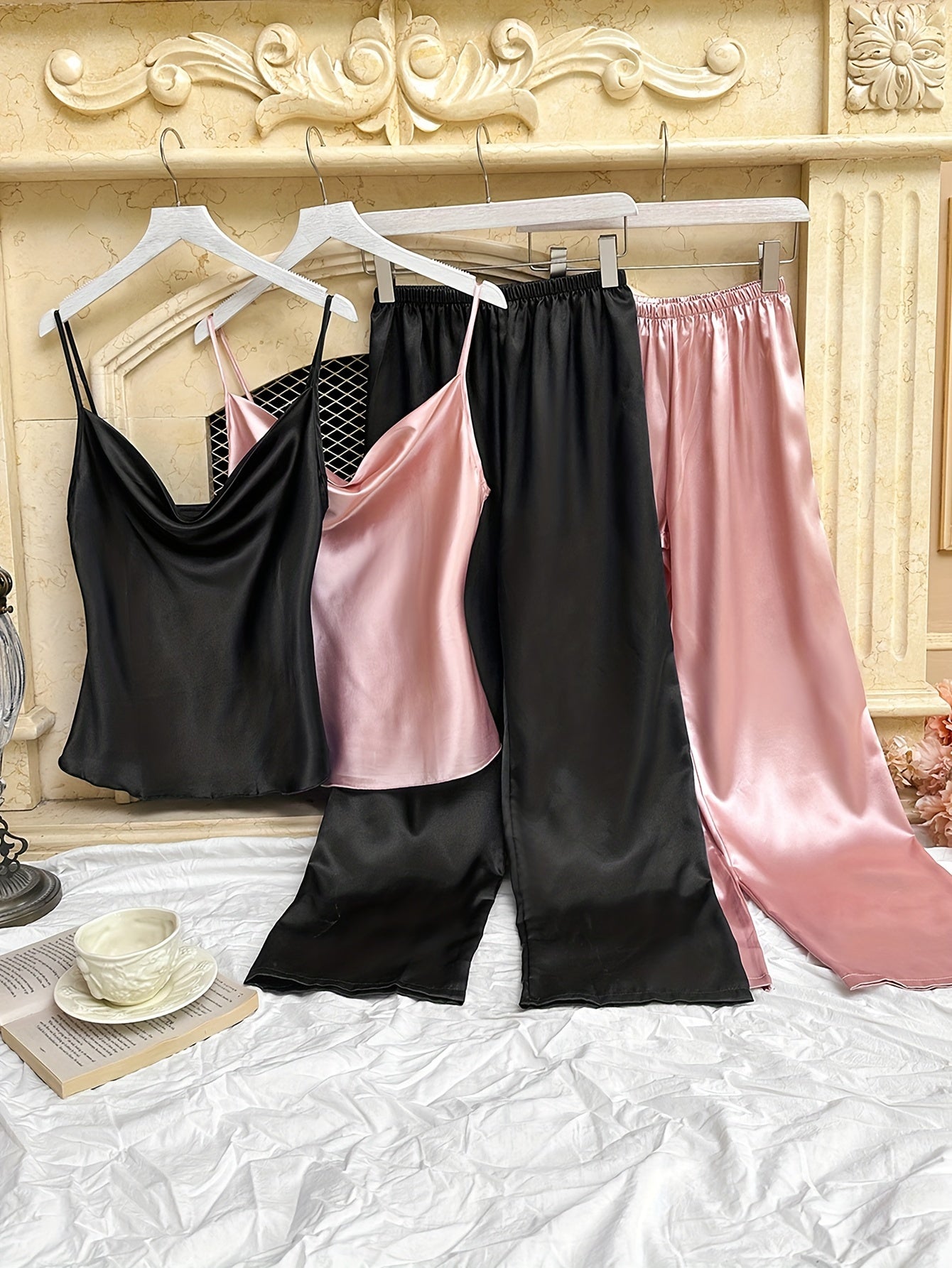 2 Sets Women's Sexy Solid Satin Pajama Set, Cowl Neck Backless Cami Top & Pants, Comfortable Relaxed Fit