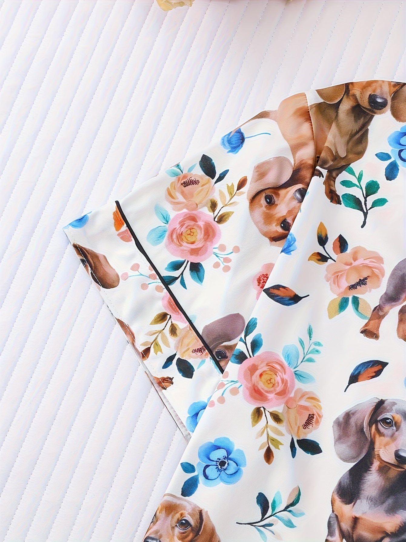 [Cute Pajamas] Comfortable Charming Dachshund Print Women's Pajama Set | Short Sleeve, Button-Up Shirt with Collar & Loose Elastic Shorts - Casual Home Wear