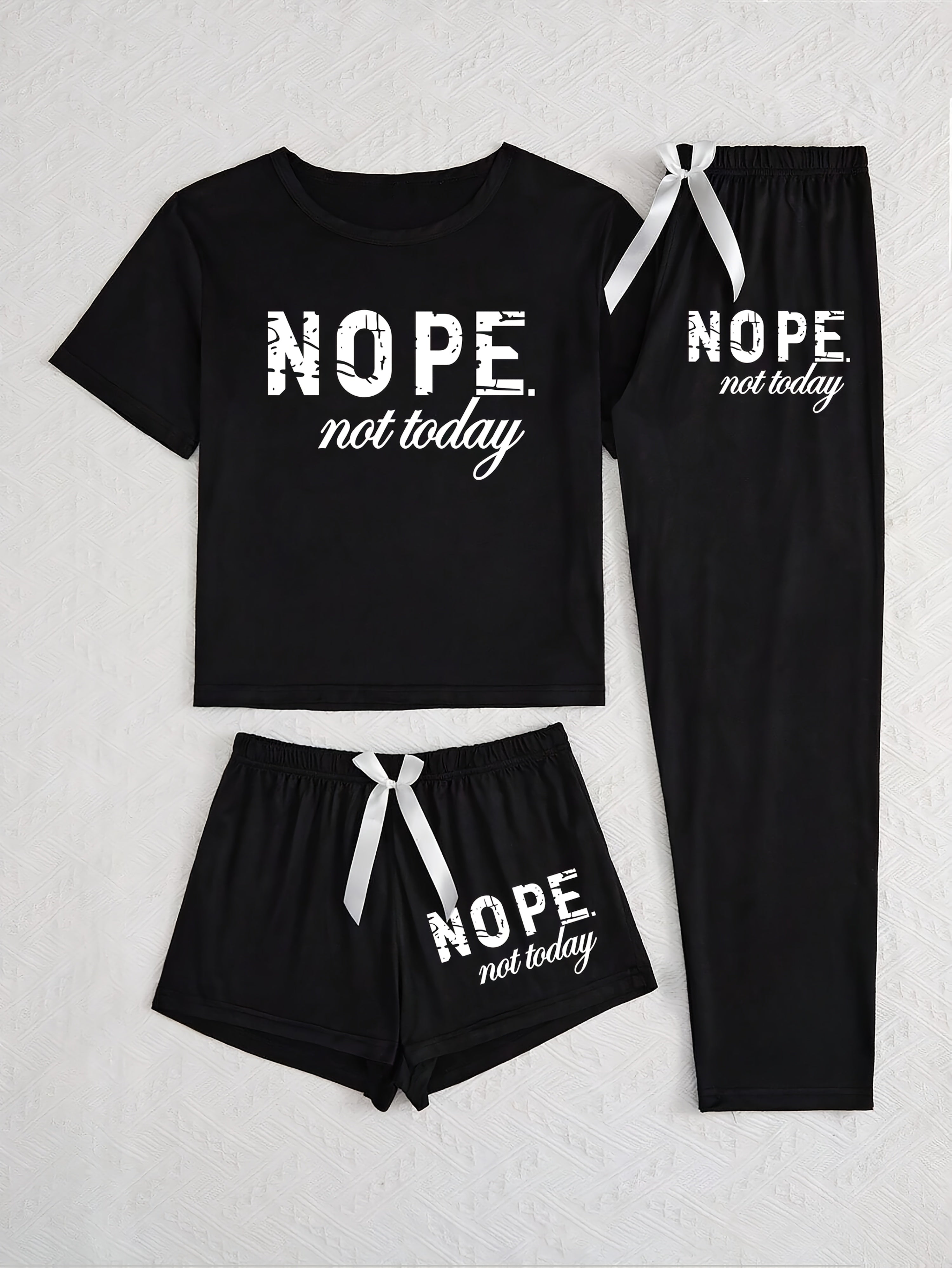 [Women's Pajama Set] Women's pajama three-piece set, casual and simple style with "NOPE not today", waistband bow decoration, soft short-sleeved top with elastic waistband shorts and trousers, loose fit for more comfort, perfect choice of pajamas Can be