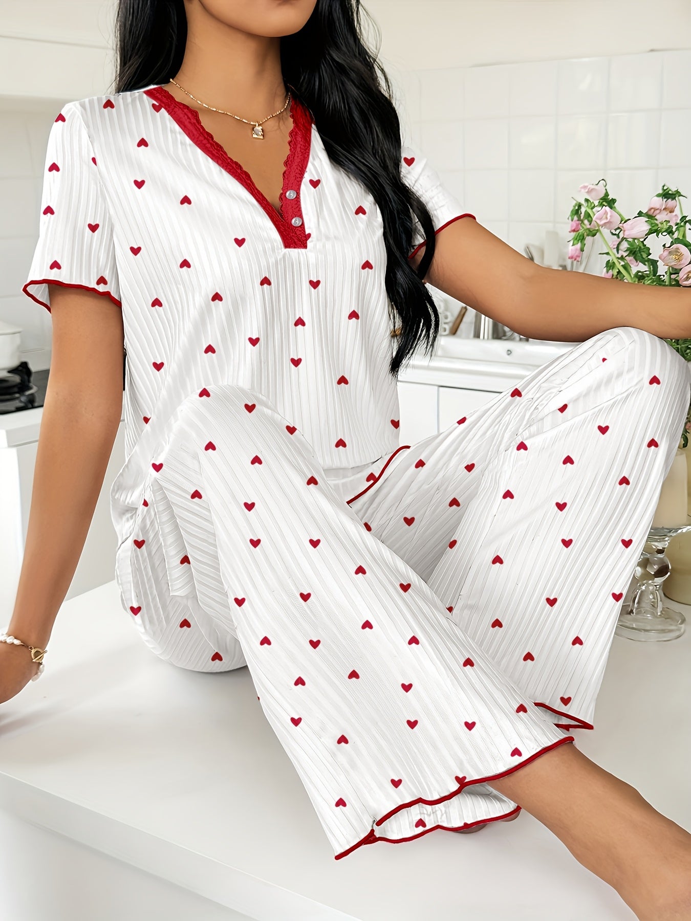 Valentine'S Day Heart Cherry Style Elegant Pajama Set - Soft V-Neck Lace-Trimmed Top, Casual Long Pants, Machine Washable, Heart-Themed Women'S Comfortable Sleepwear.