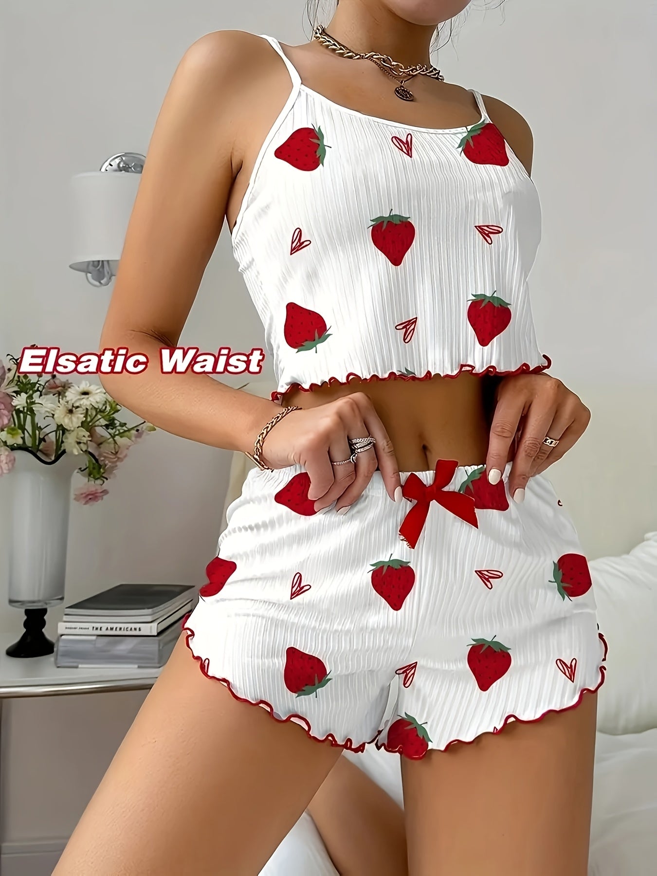 Women'S Strawberry Print Sexy Lace Trim Pajama Set with Round Neck, Thin Strap Top and Bow Accessory Shorts, Comfortable Loose Fit Summer Sleepwea
