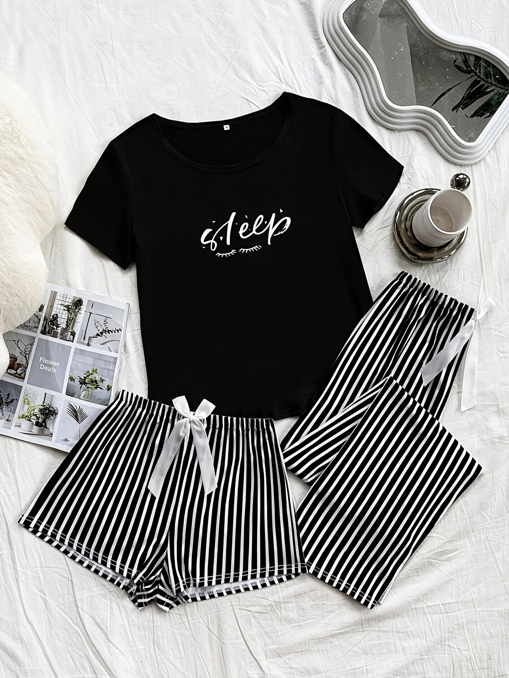 Simple Letter Pattern Women's Pajama Three-Piece Set