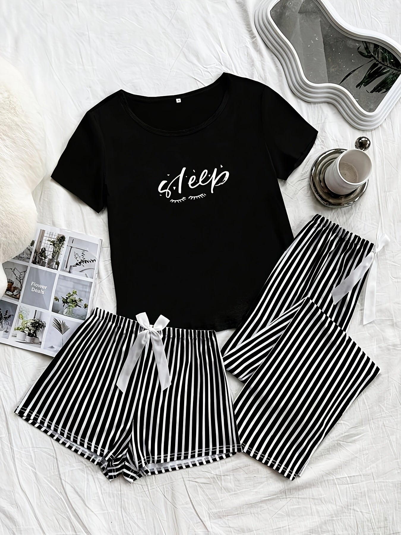 Simple Letter Pattern Women's Pajama Three-Piece Set