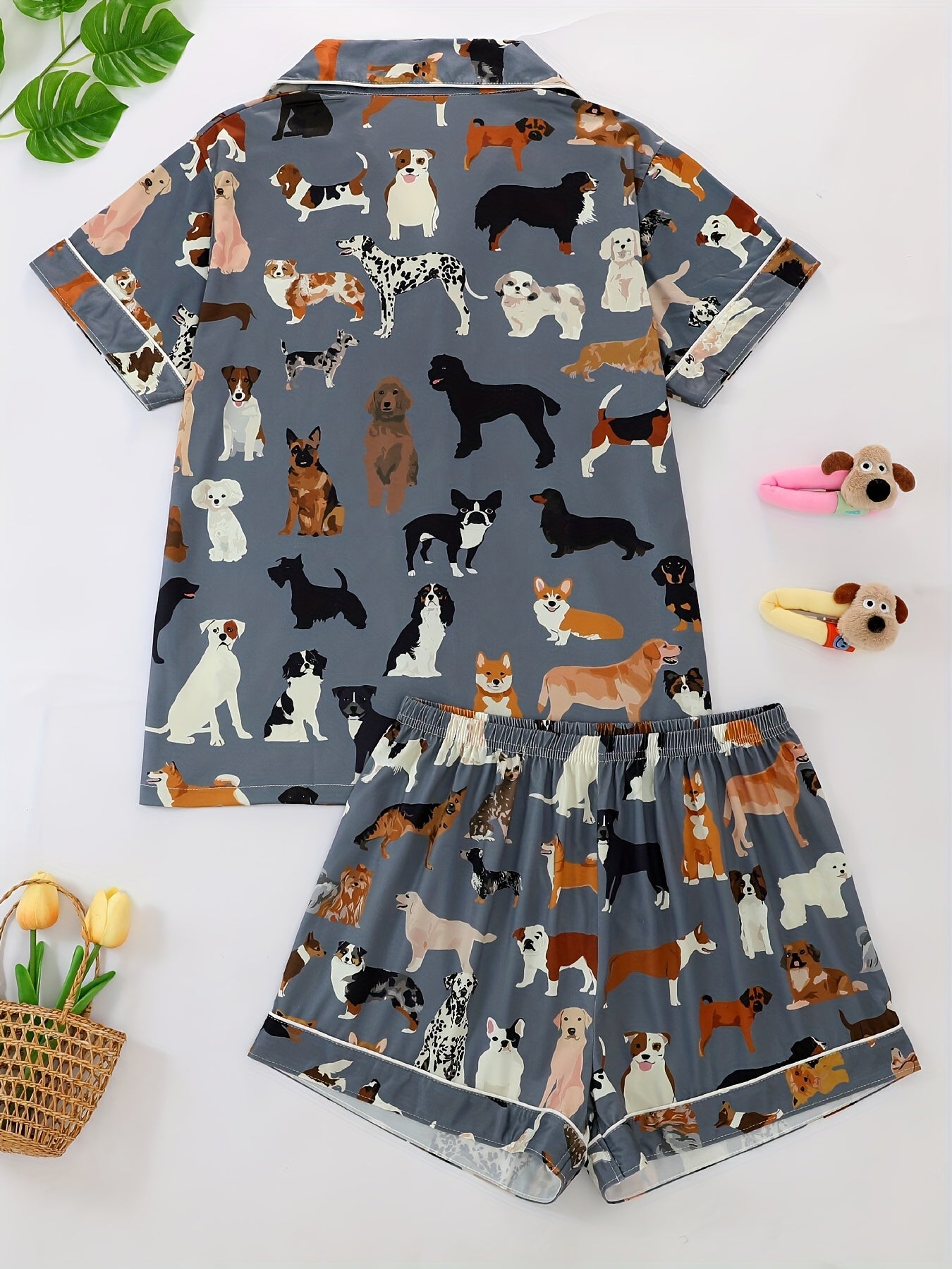 [Dog Print Pajama Set] Polyester Women's Pajama Set | Lapel Short Sleeve Open Front Shirt & Loose Elastic Shorts with Animal Dog Print | Cool Summer Wearable Outdoors, Casual Four-Season Sleepwear and Loungewear Suit