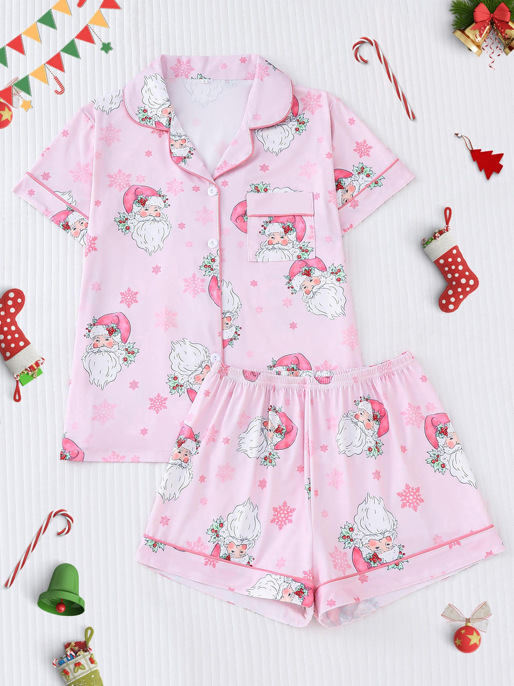 Women's Santa Print Pajama Set - Short Sleeve Buttons Lapel Top, Comfortable Relaxed Fit Shorts, Perfect for Christmas, Cute and Cozy Sleepwear