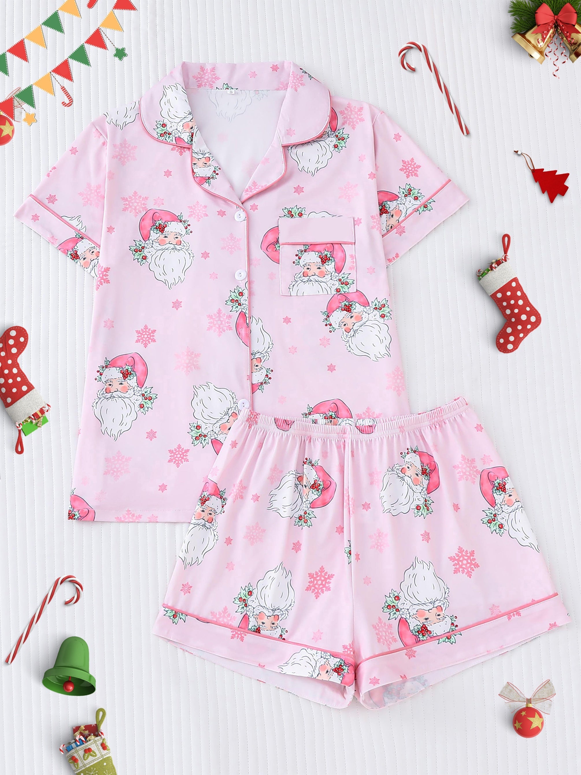Women's Santa Print Pajama Set - Short Sleeve Buttons Lapel Top, Comfortable Relaxed Fit Shorts, Perfect for Christmas, Cute and Cozy Sleepwear