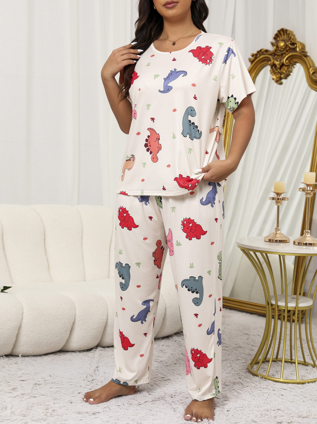 [3pcs Casual Dinosaur Pajama Set] Large Size Pajamas for Women, Casual Short Sleeve Long Pants, Cute Cartoon Dinosaur Print with Eye Mask, 3pcs Pajama Set