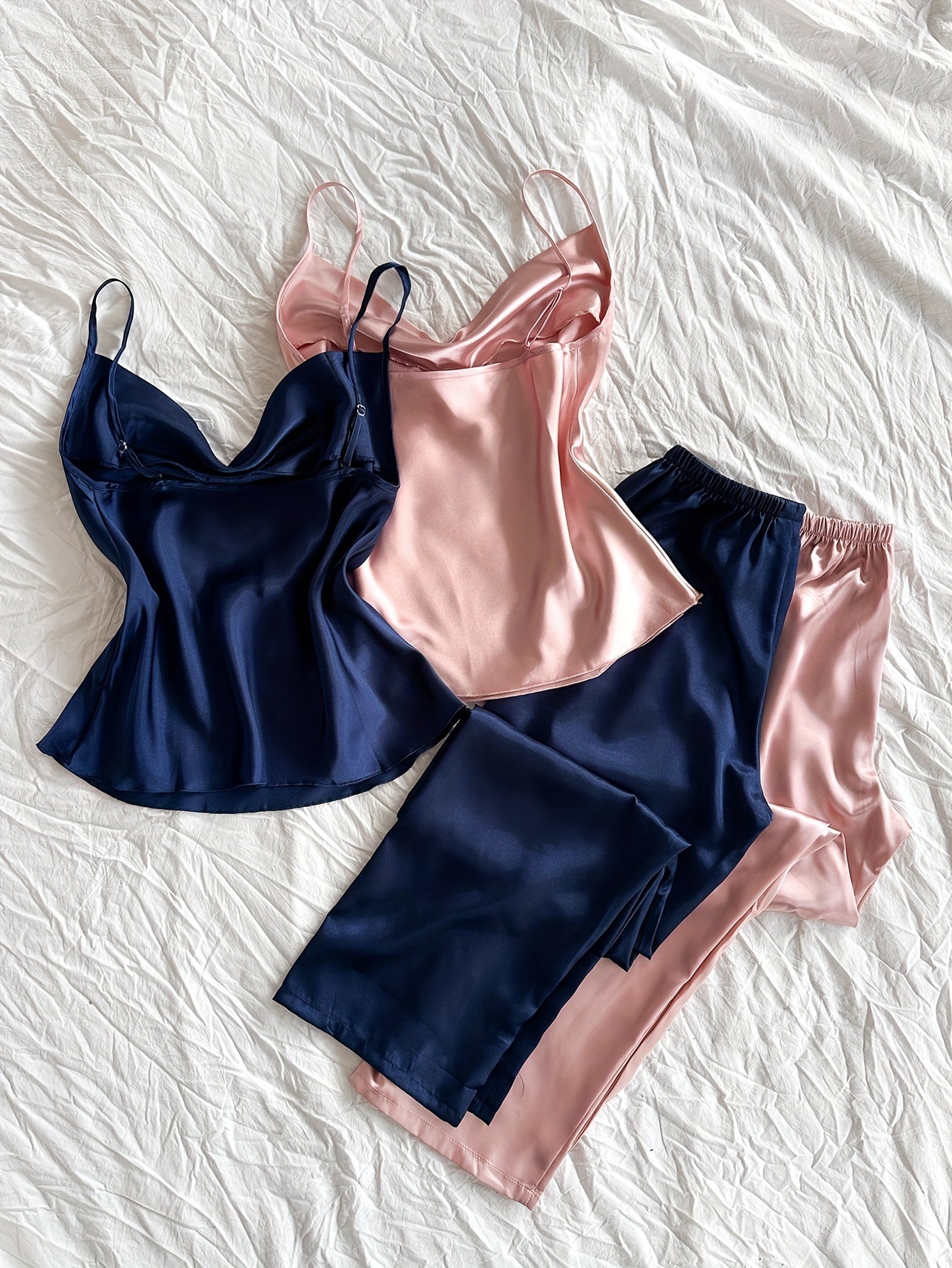2 Sets Women's Sexy Solid Satin Pajama Set, Cowl Neck Backless Cami Top & Pants, Comfortable Relaxed Fit