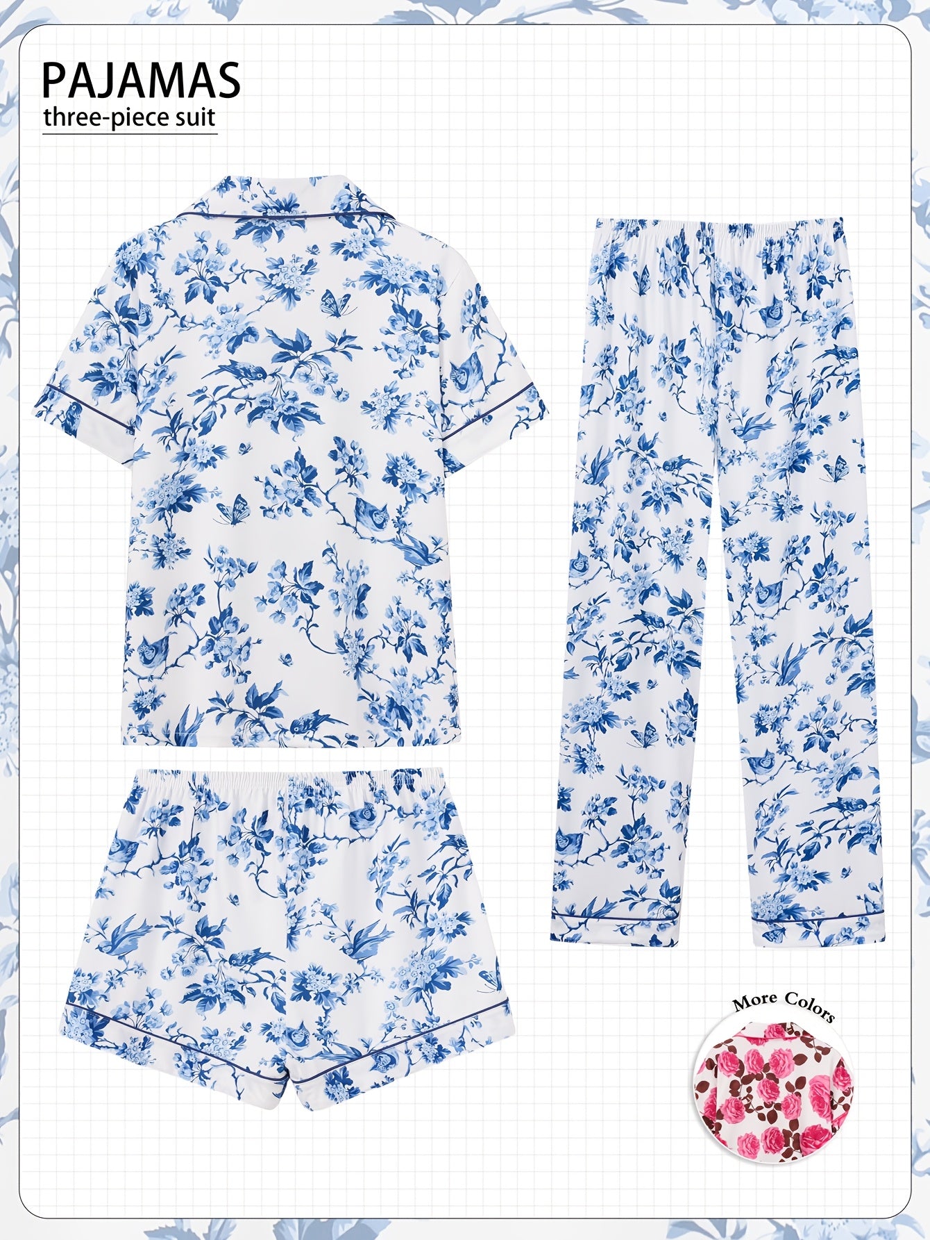 3pcs Elegant Floral Women's Pajama Set - Comfy Polyester Blend, Short Sleeve Button-Up Top with Lapel Collar, Elastic Waist Shorts & Pants, Machine Washable, All-Season Loungewear