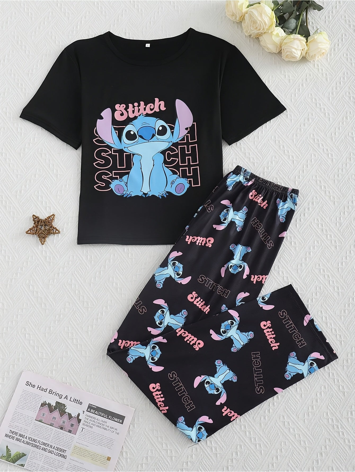Stitch Women'S 3pcs Pajama Set - Casual Crew Neck Short Sleeve Top, Shorts & Pants with Cute Stitch Print, Soft Polyester Fabric, Perfect for Spring/Summer Loungewear, Loungewear|Playful Design|Soft Fabric