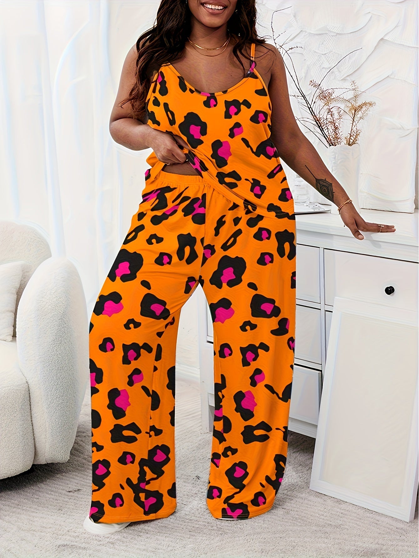 Women's Plus Casual Pajamas Set - Plus Size Leopard Print Sleeveless Cami Top & Pants Lounge 2 Piece Set - For Women - Perfect for Lounging & Relaxing at Home - Ideal Gift for Her