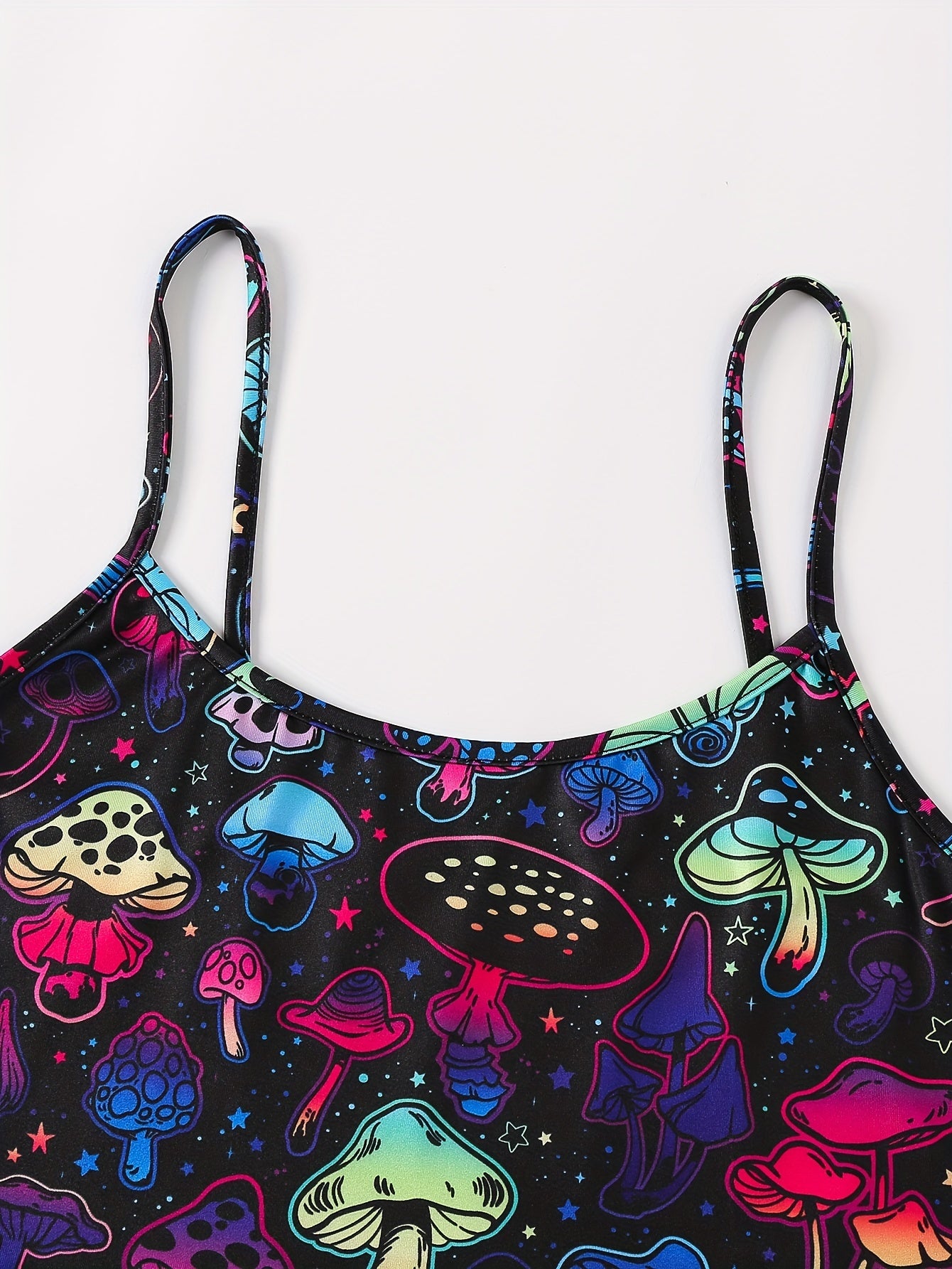 Vibrant Mushroom Print Pajama Set for Women - Relaxed Fit, Round Neck, Backless Crop Cami Top, Shorts, Soft Fabric, Breathable, Comfortable, Sexy, Sleepwear for a Good Night's Rest