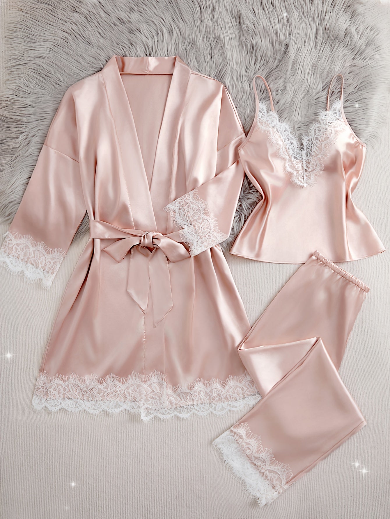 4pcs Solid Color Contrast Lace Pajama Set with Thin Straps, Camisole Top, Elastic Long Pants, Loose Robe with Belt, Women'S Comfortable Pajama and Casual Wear Set, All-Season, V-Neck, Long Sleeve, Long Length, Adult Size, Casual Wear Set|Vneck