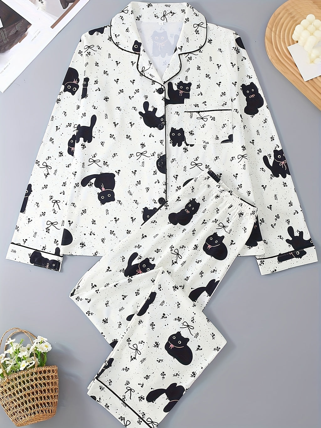 Black Cat Pattern Pajama Set, Top with Pants, Cute Cartoon, Collared with Buttons Loose Comfortable for Home Wear