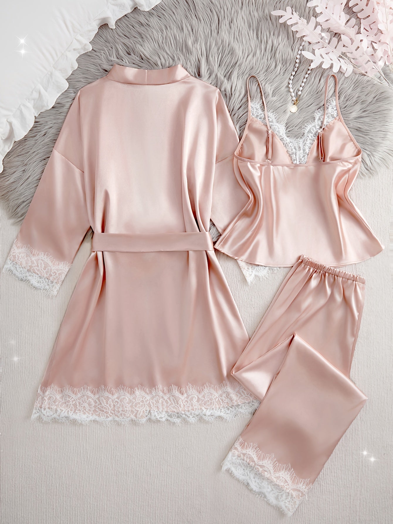 4pcs Solid Color Contrast Lace Pajama Set with Thin Straps, Camisole Top, Elastic Long Pants, Loose Robe with Belt, Women'S Comfortable Pajama and Casual Wear Set, All-Season, V-Neck, Long Sleeve, Long Length, Adult Size, Casual Wear Set|Vneck