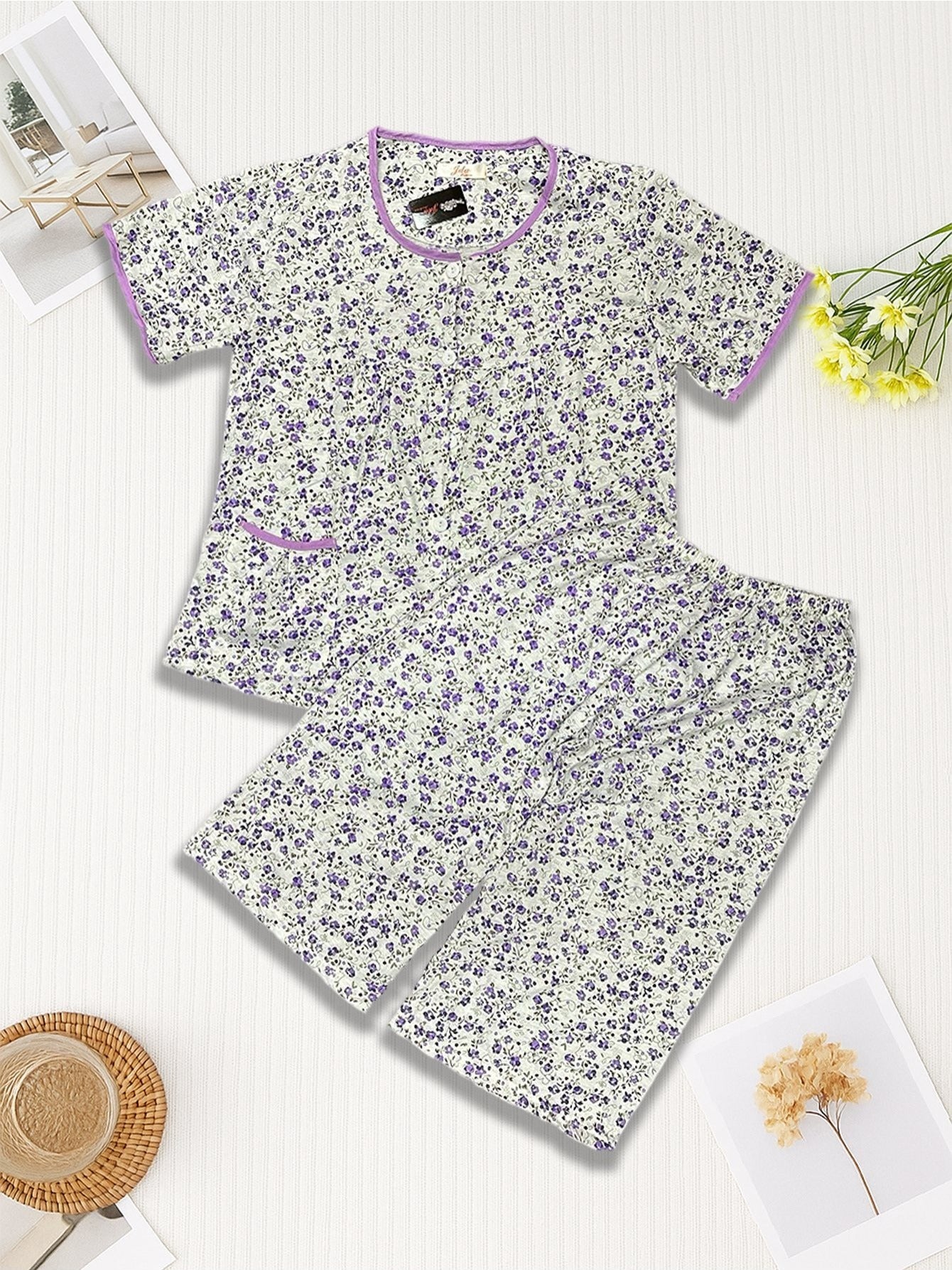 Women's 2pcs Pajama Set, Floral Cotton Blend 2 Piece Sleepwear Button Up Capri Pajama Set, Cozy Sleepwear, Cotton Knit Fabric, Adult Size