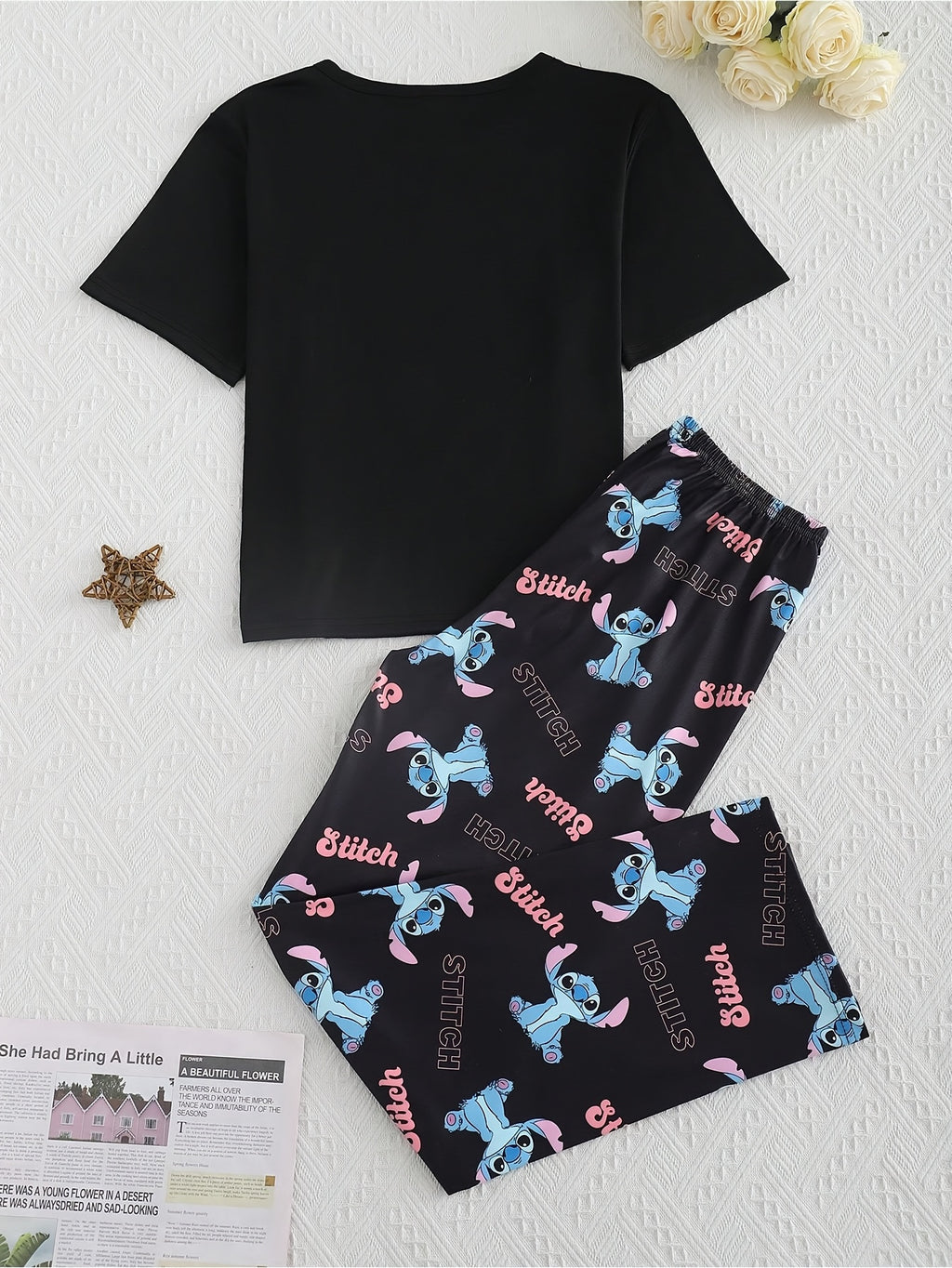 Stitch Women'S 3pcs Pajama Set - Casual Crew Neck Short Sleeve Top, Shorts & Pants with Cute Stitch Print, Soft Polyester Fabric, Perfect for Spring/Summer Loungewear, Loungewear|Playful Design|Soft Fabric