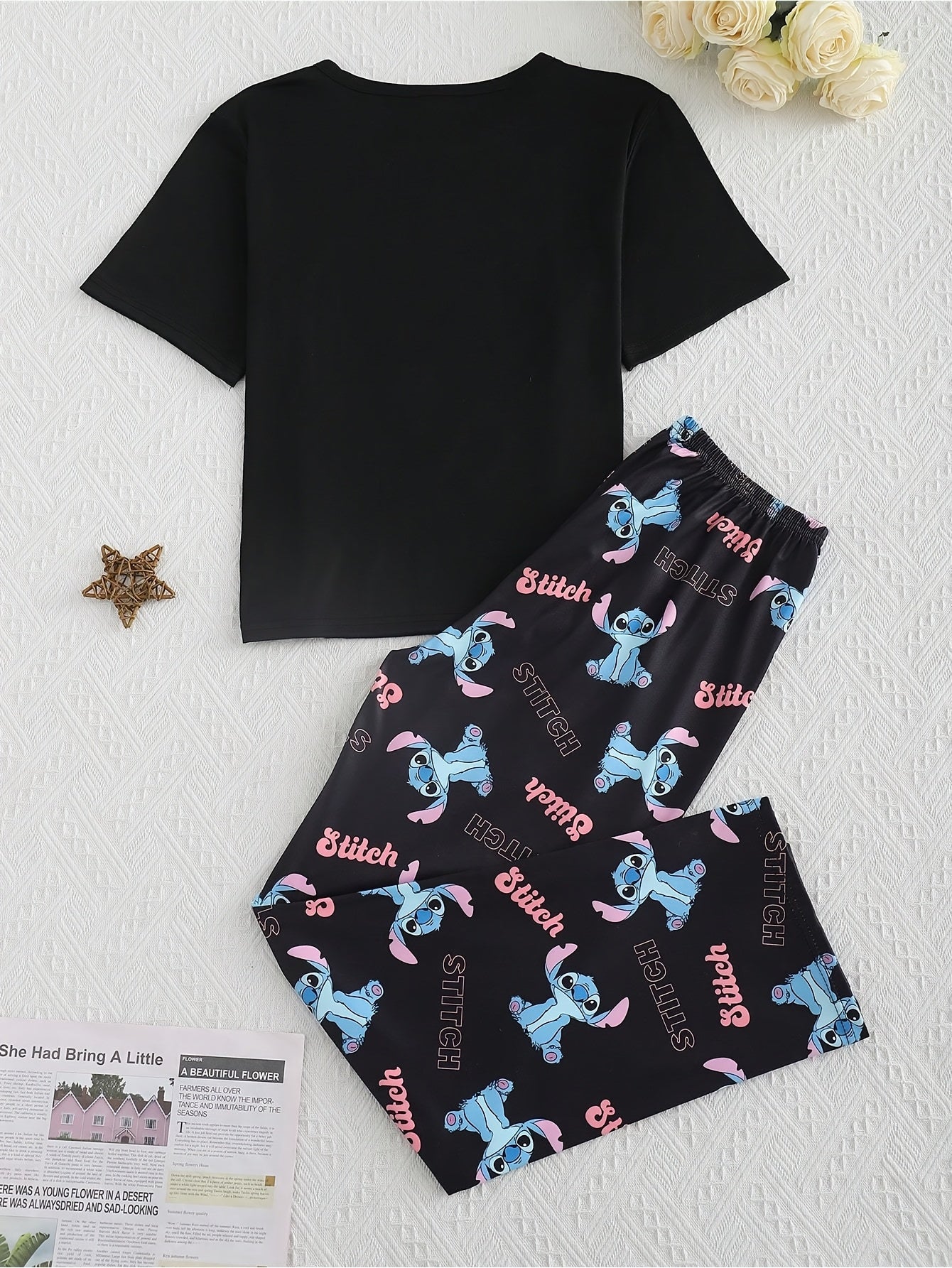 Stitch Women'S 3pcs Pajama Set - Casual Crew Neck Short Sleeve Top, Shorts & Pants with Cute Stitch Print, Soft Polyester Fabric, Perfect for Spring/Summer Loungewear, Loungewear|Playful Design|Soft Fabric