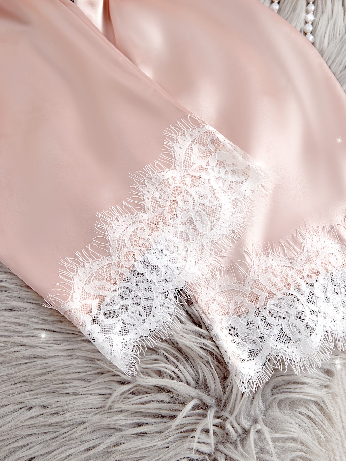 4pcs Solid Color Contrast Lace Pajama Set with Thin Straps, Camisole Top, Elastic Long Pants, Loose Robe with Belt, Women'S Comfortable Pajama and Casual Wear Set, All-Season, V-Neck, Long Sleeve, Long Length, Adult Size, Casual Wear Set|Vneck