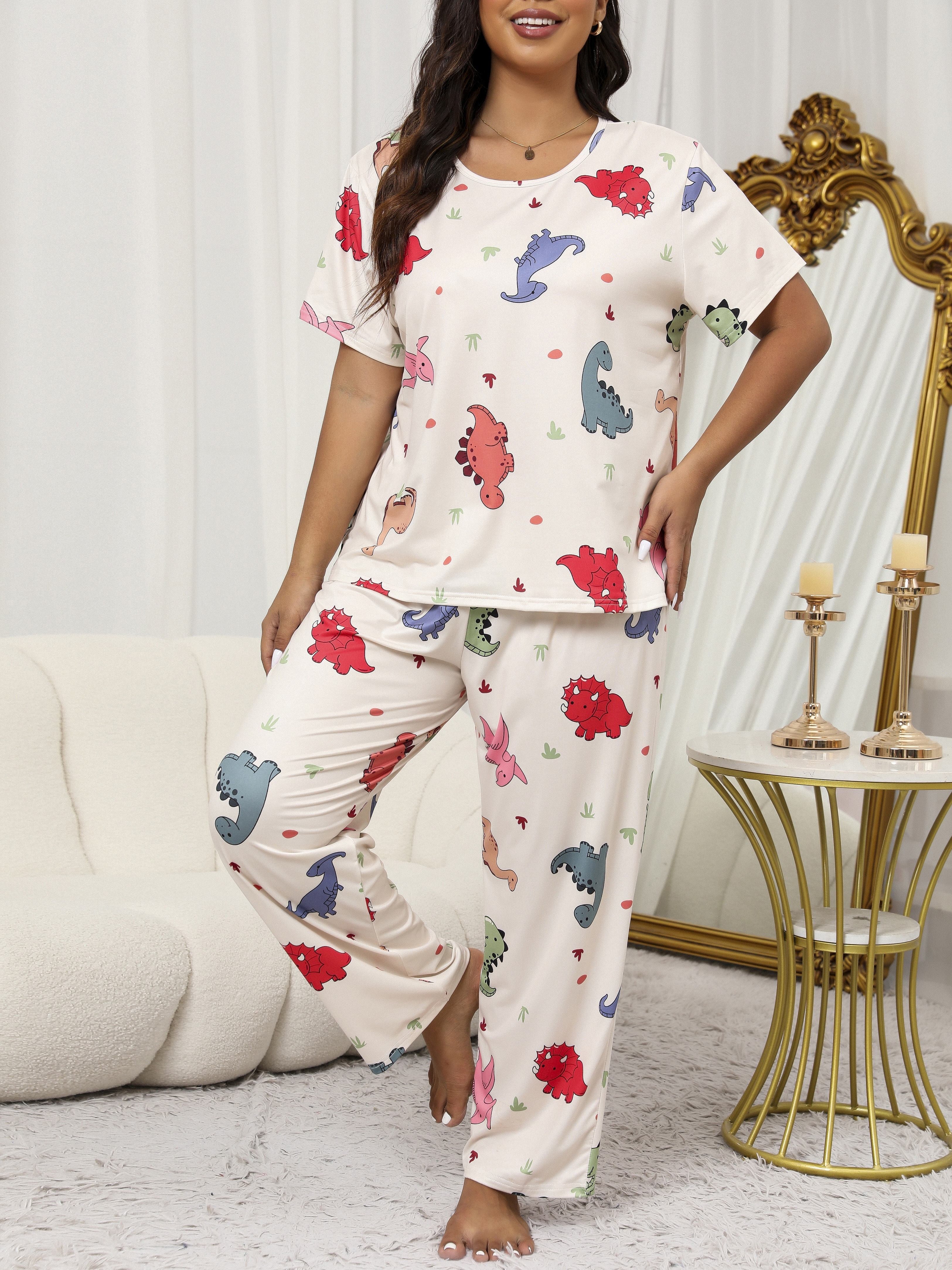 [3pcs Casual Dinosaur Pajama Set] Large Size Pajamas for Women, Casual Short Sleeve Long Pants, Cute Cartoon Dinosaur Print with Eye Mask, 3pcs Pajama Set