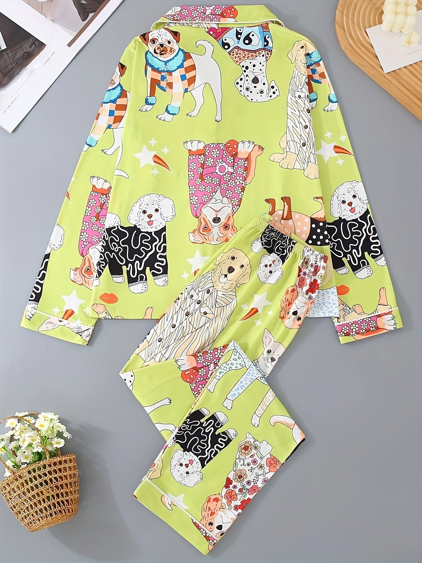 Cute Cartoon Dog Print Fashion Animal Long Sleeve Button-Up Collar Top And Pants, Casual And Comfortable Loose Fit, Perfect for Wearing at Home, Women's Two-Piece Pajama Set.