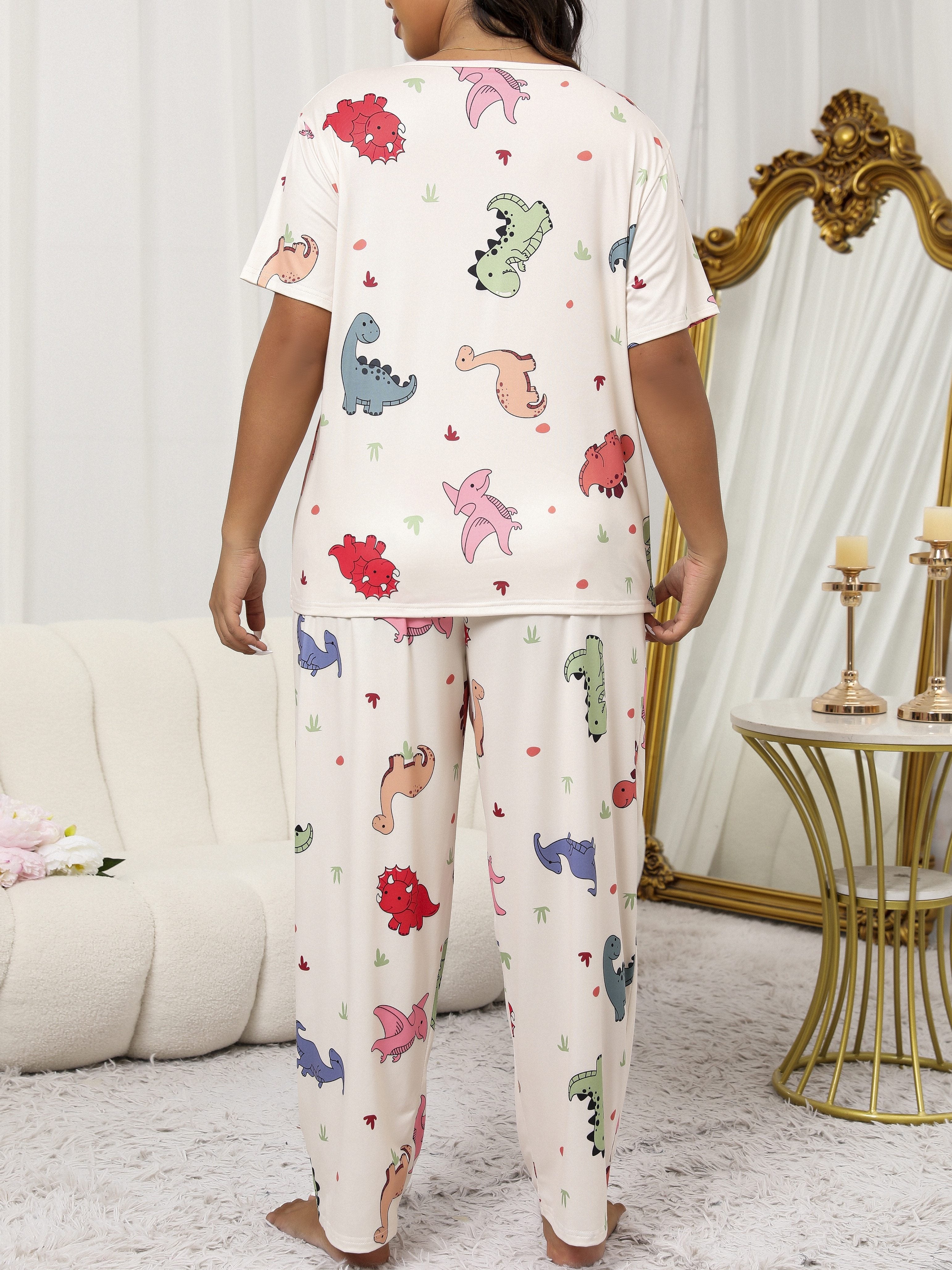 [3pcs Casual Dinosaur Pajama Set] Large Size Pajamas for Women, Casual Short Sleeve Long Pants, Cute Cartoon Dinosaur Print with Eye Mask, 3pcs Pajama Set