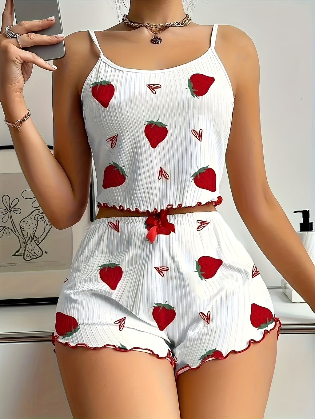 Women'S Strawberry Print Sexy Lace Trim Pajama Set with Round Neck, Thin Strap Top and Bow Accessory Shorts, Comfortable Loose Fit Summer Sleepwea