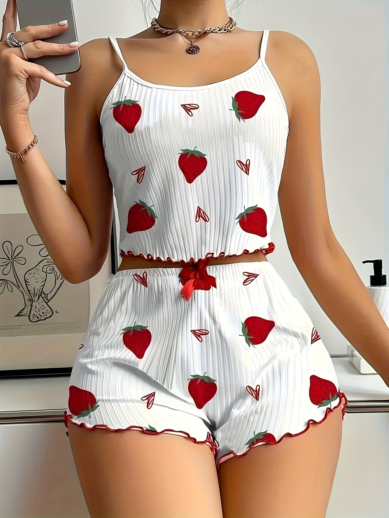 Women'S Strawberry Print Sexy Lace Trim Pajama Set with Round Neck, Thin Strap Top and Bow Accessory Shorts, Comfortable Loose Fit Summer Sleepwea